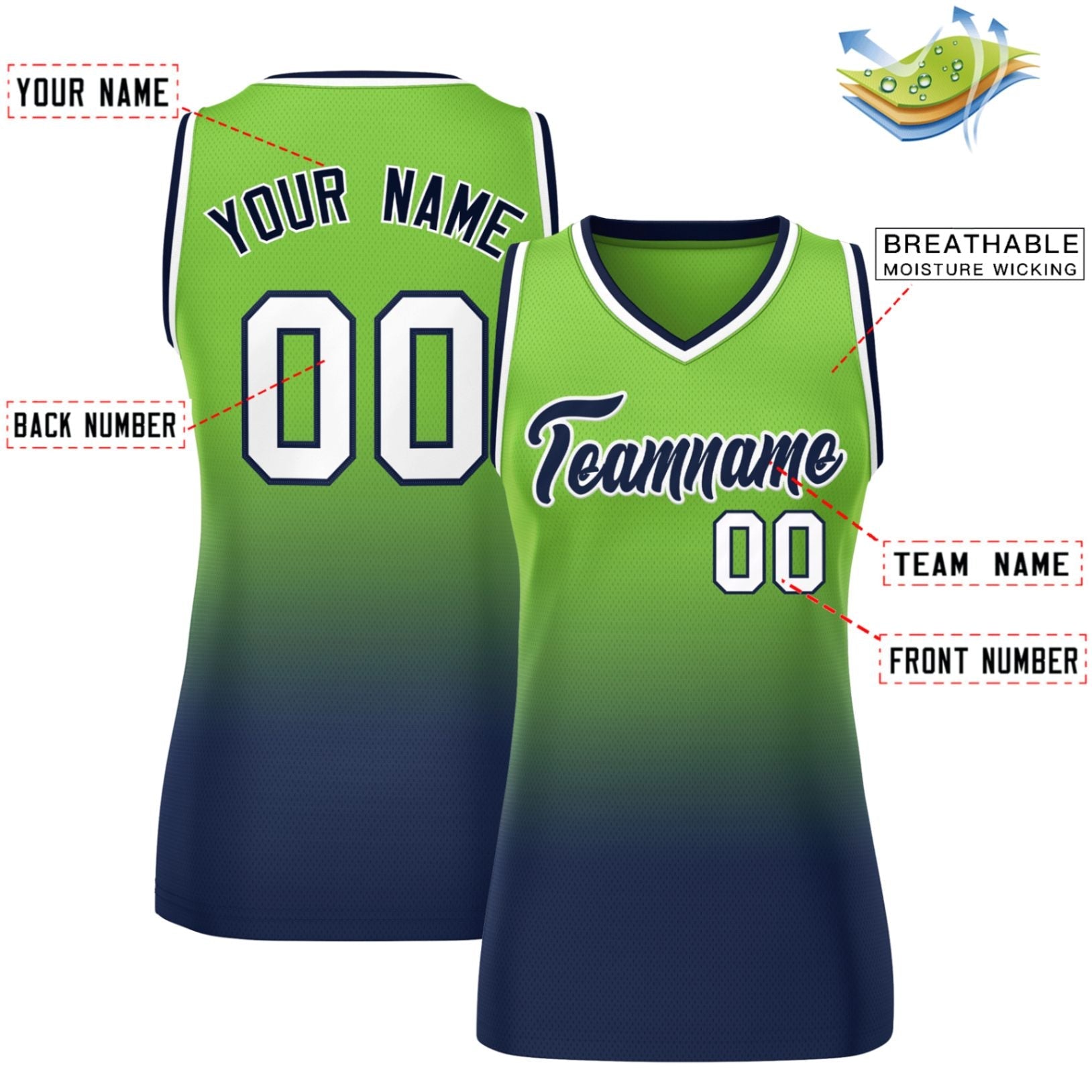 Custom Neon Green Navy Gradient Fashion Tops Mesh Basketball Jersey For Women