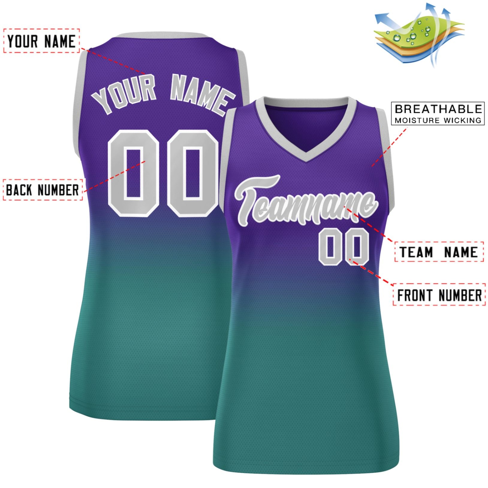 Custom Purple Aqua Gradient Fashion Tops Mesh Basketball Jersey For Women