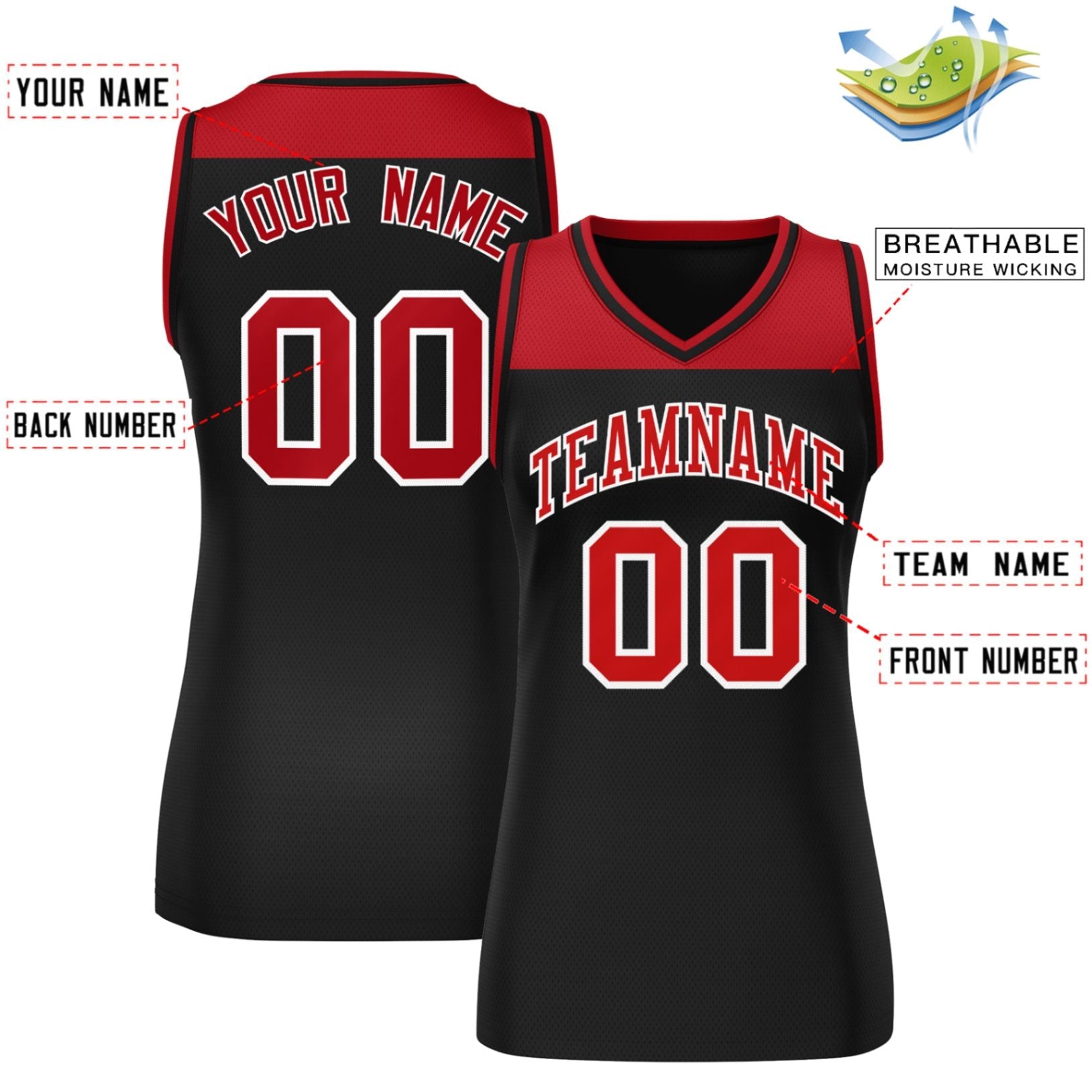 Custom Red Black Color Block Fashion Tops Mesh Basketball Jersey For Women