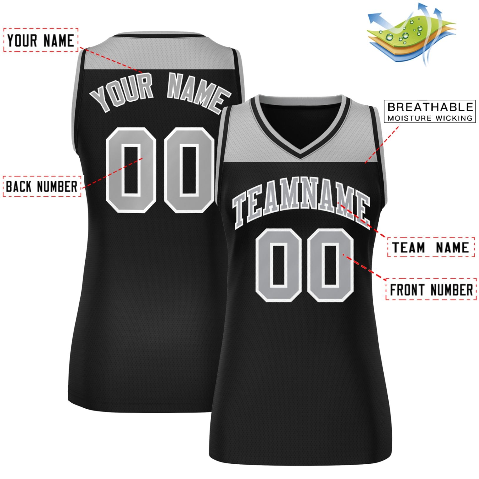 Custom Gray Black Color Block Fashion Tops Mesh Basketball Jersey For Women