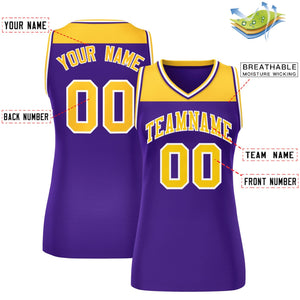 Custom Gold Purple Color Block Fashion Tops Mesh Basketball Jersey For Women