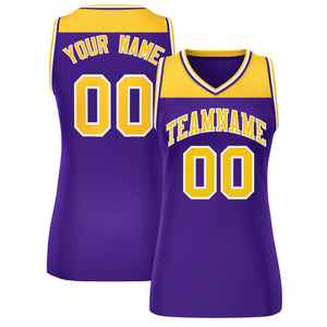 Custom Gold Purple Color Block Fashion Tops Mesh Basketball Jersey For Women