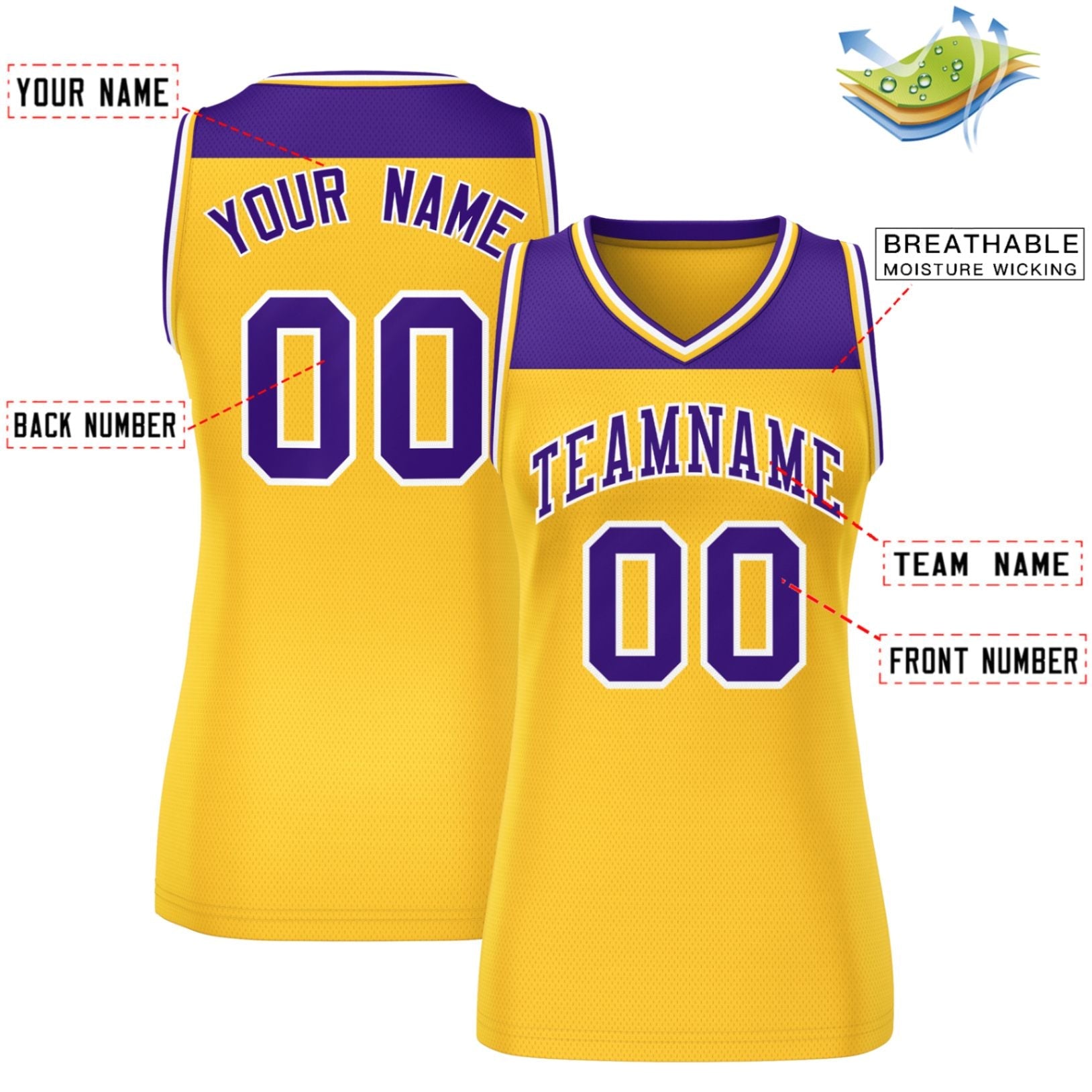 Custom Purple Gold Color Block Fashion Tops Mesh Basketball Jersey For Women