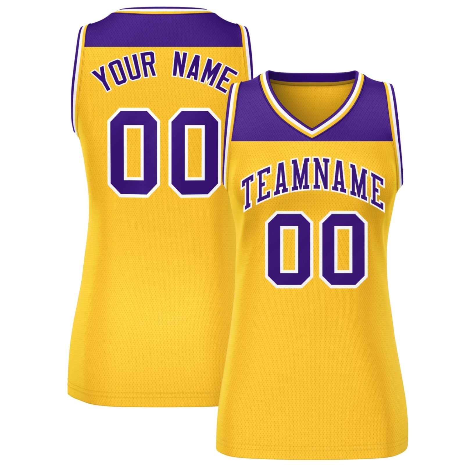 Custom Purple Gold Color Block Fashion Tops Mesh Basketball Jersey For Women