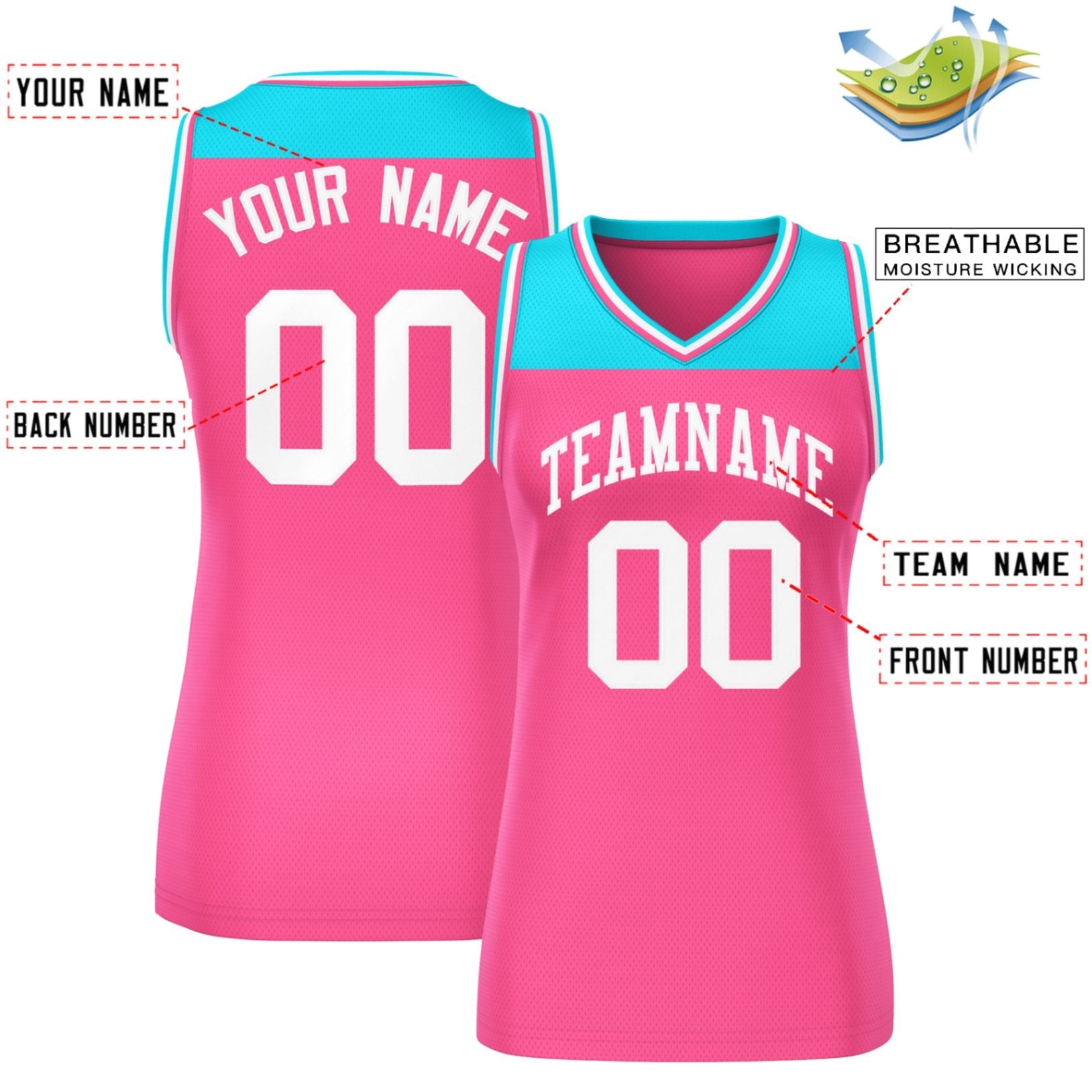 Custom Powder Blue Pink Color Block Fashion Tops Mesh Basketball Jersey For Women