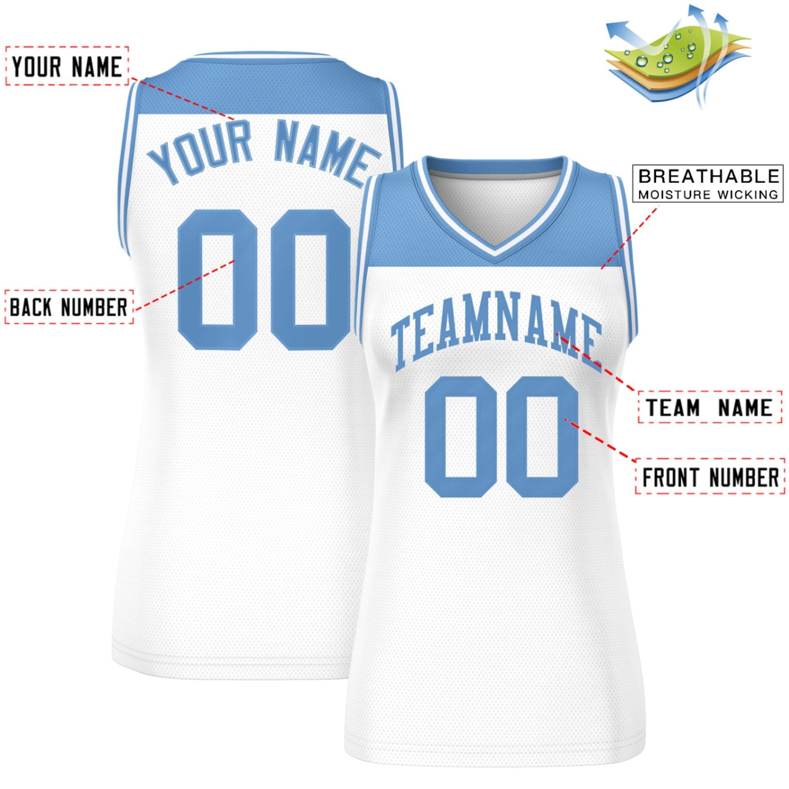 Custom Light Blue White Color Block Fashion Tops Mesh Basketball Jersey For Women