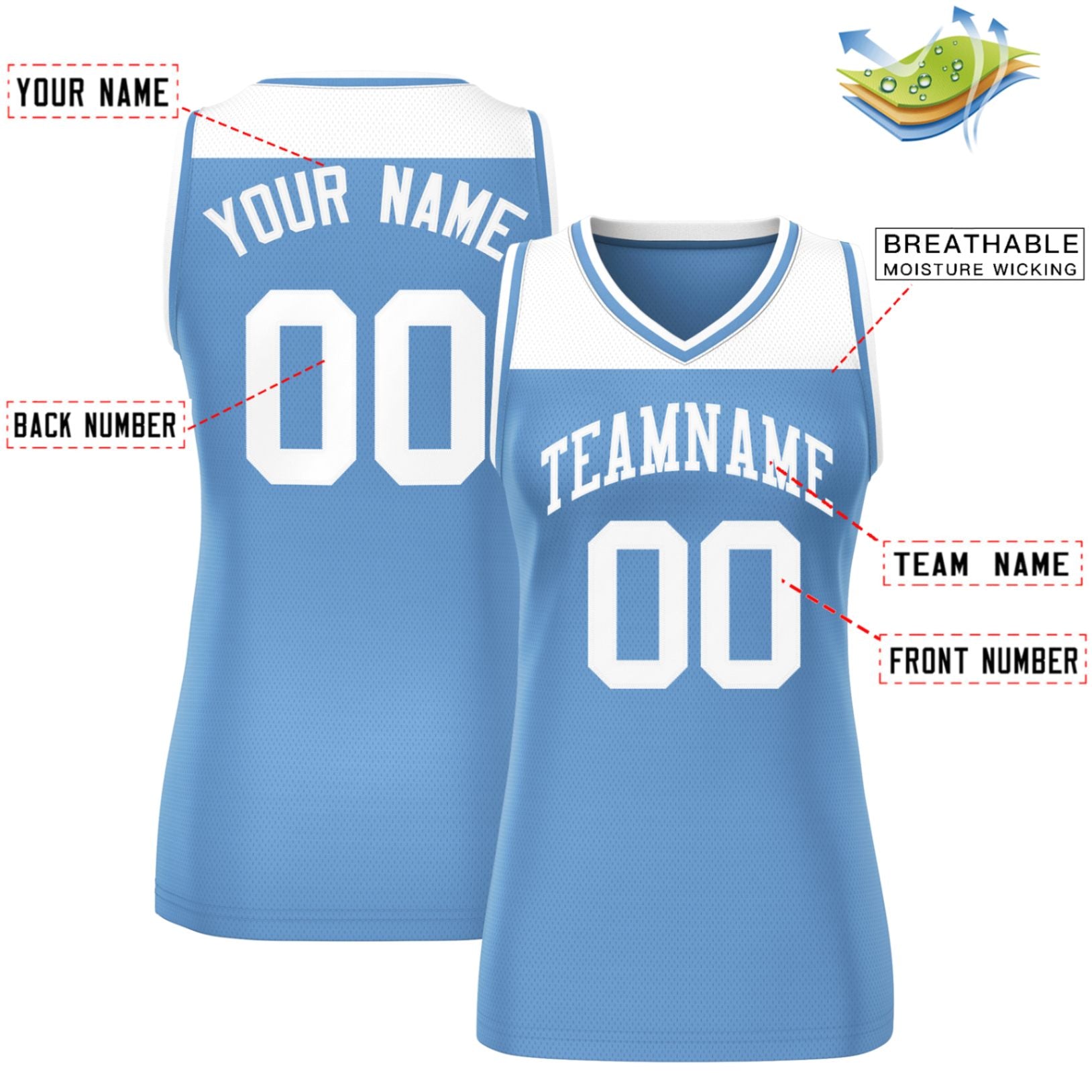 Custom White Light Blue Color Block Fashion Tops Mesh Basketball Jersey For Women