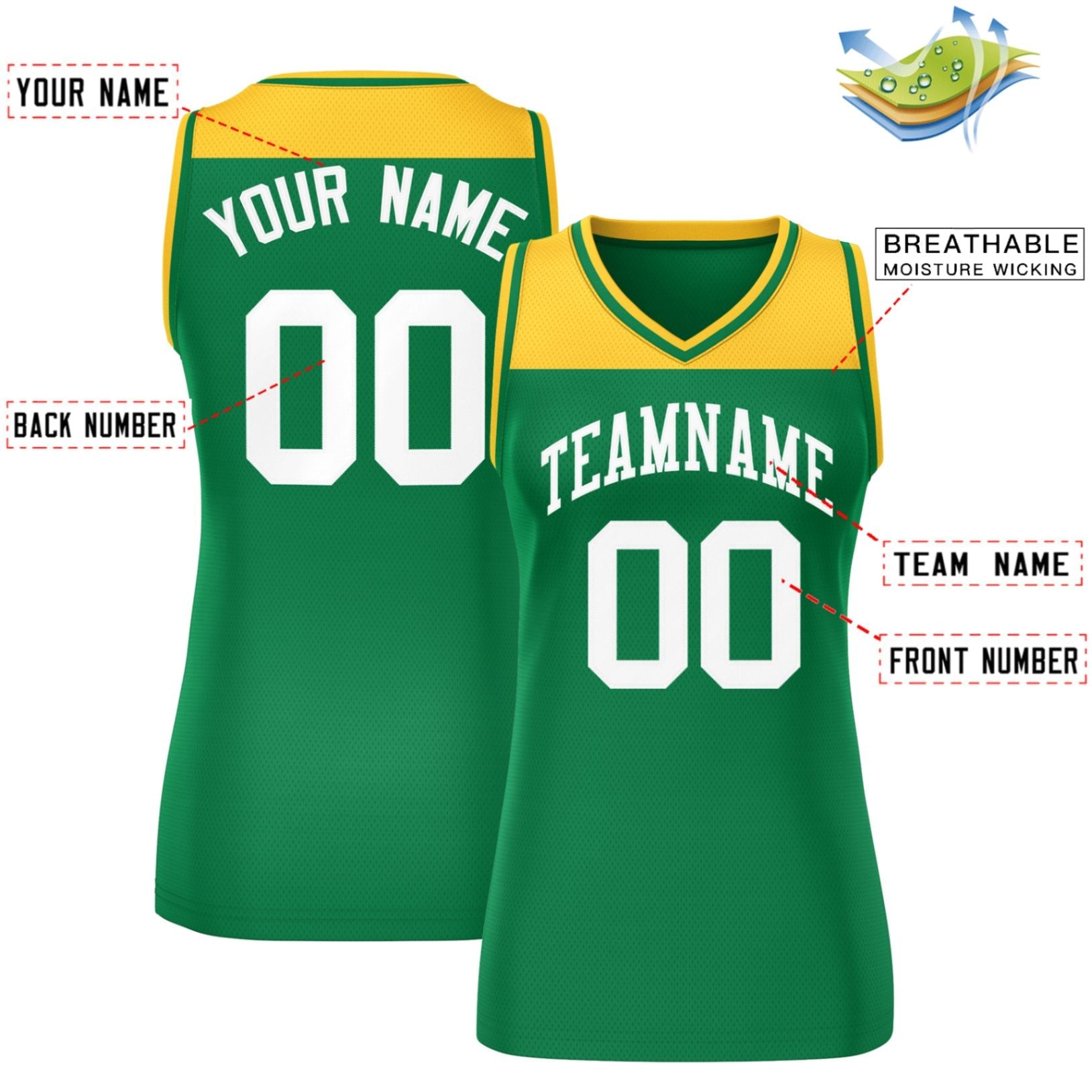 Custom Gold Kelly Green Color Block Fashion Tops Mesh Basketball Jersey For Women