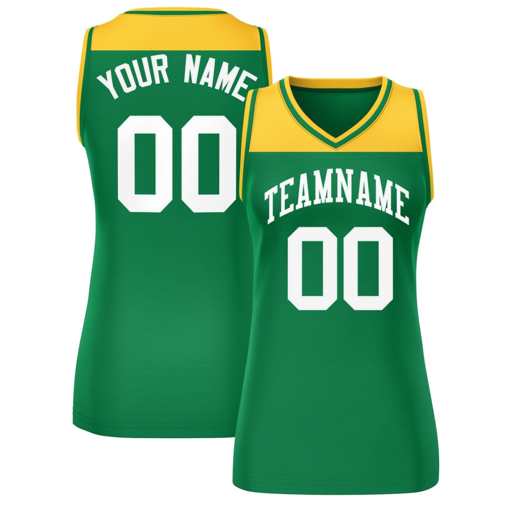 Custom Gold Kelly Green Color Block Fashion Tops Mesh Basketball Jersey For Women