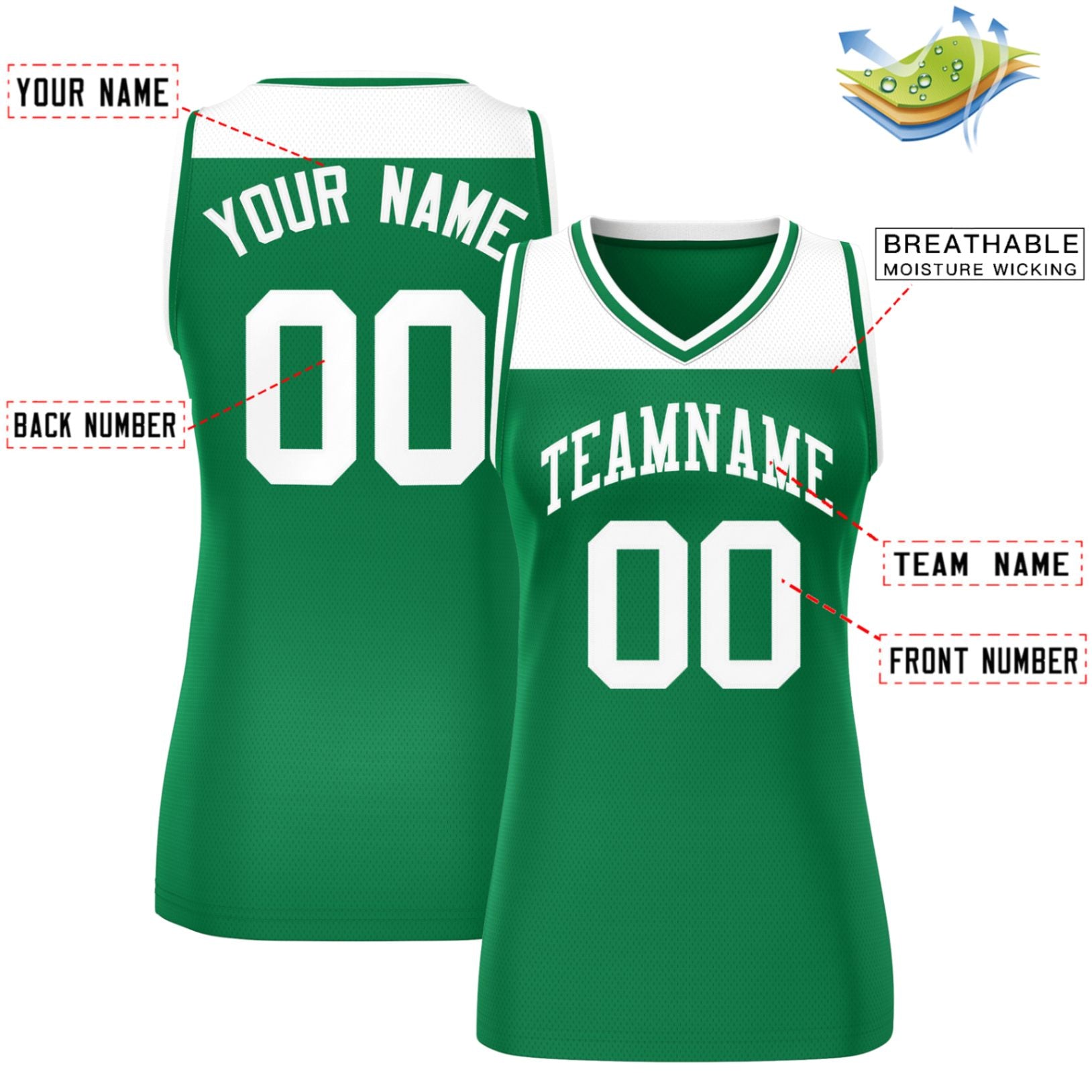 Custom White Kelly Green Color Block Fashion Tops Mesh Basketball Jersey For Women