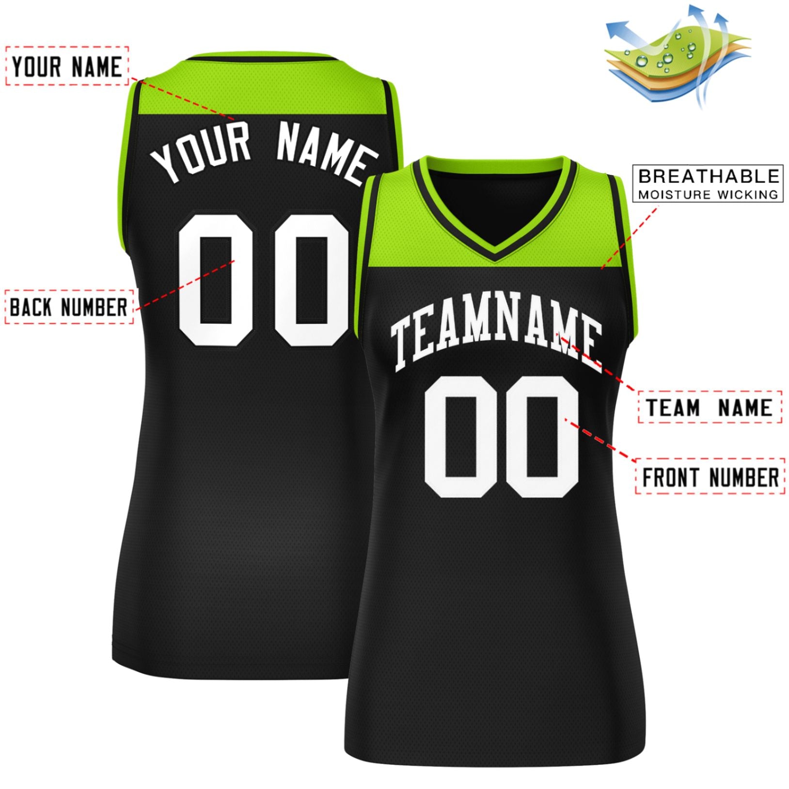 Custom Neon Green Black Color Block Fashion Tops Mesh Basketball Jersey For Women