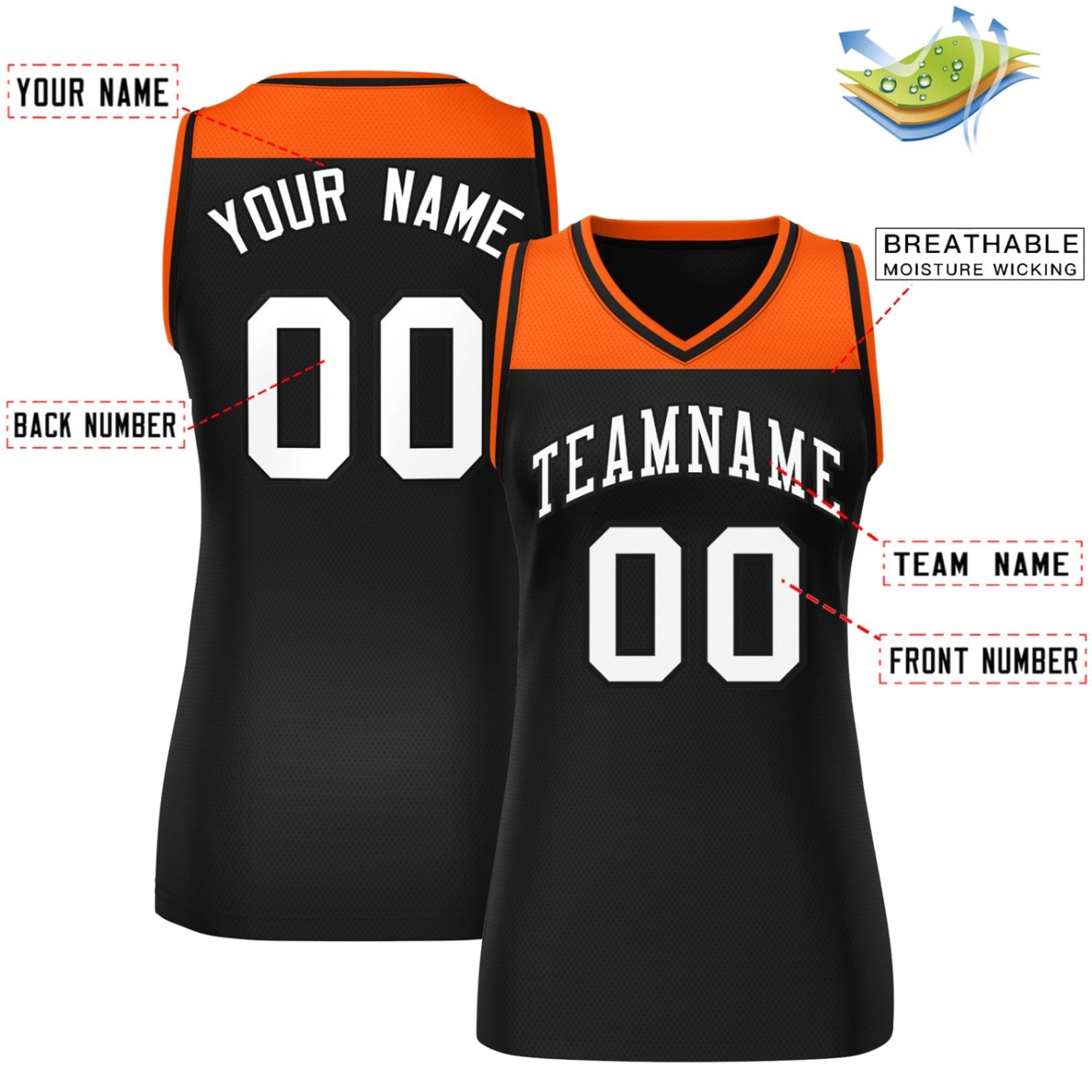 Custom Orange Black Color Block Fashion Tops Mesh Basketball Jersey For Women