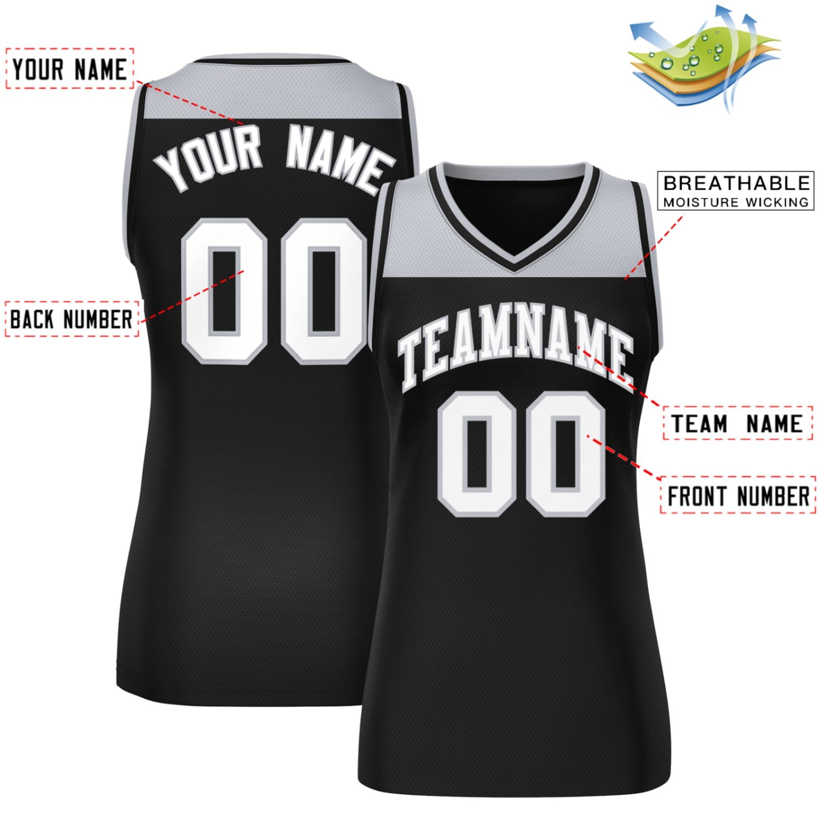 Custom Gray Black Color Block Fashion Tops Mesh Basketball Jersey For Women