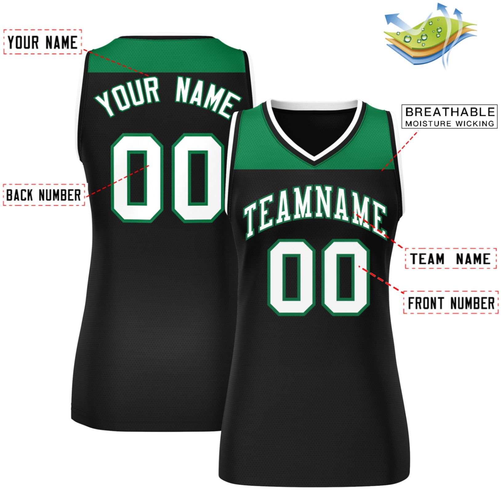 Custom Kelly Green Black Color Block Fashion Tops Mesh Basketball Jersey For Women