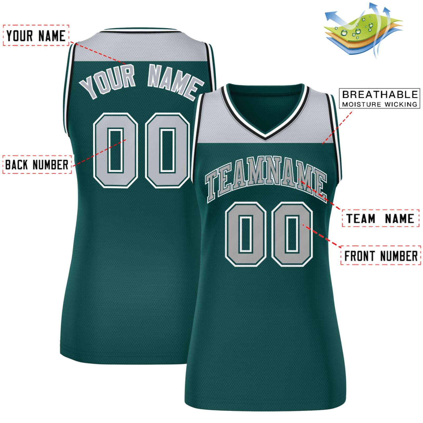 Custom Gray Midnight Green Color Block Fashion Tops Mesh Basketball Jersey For Women