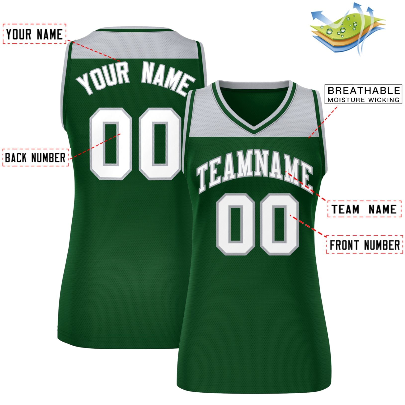 Custom Gray Green Color Block Fashion Tops Mesh Basketball Jersey For Women