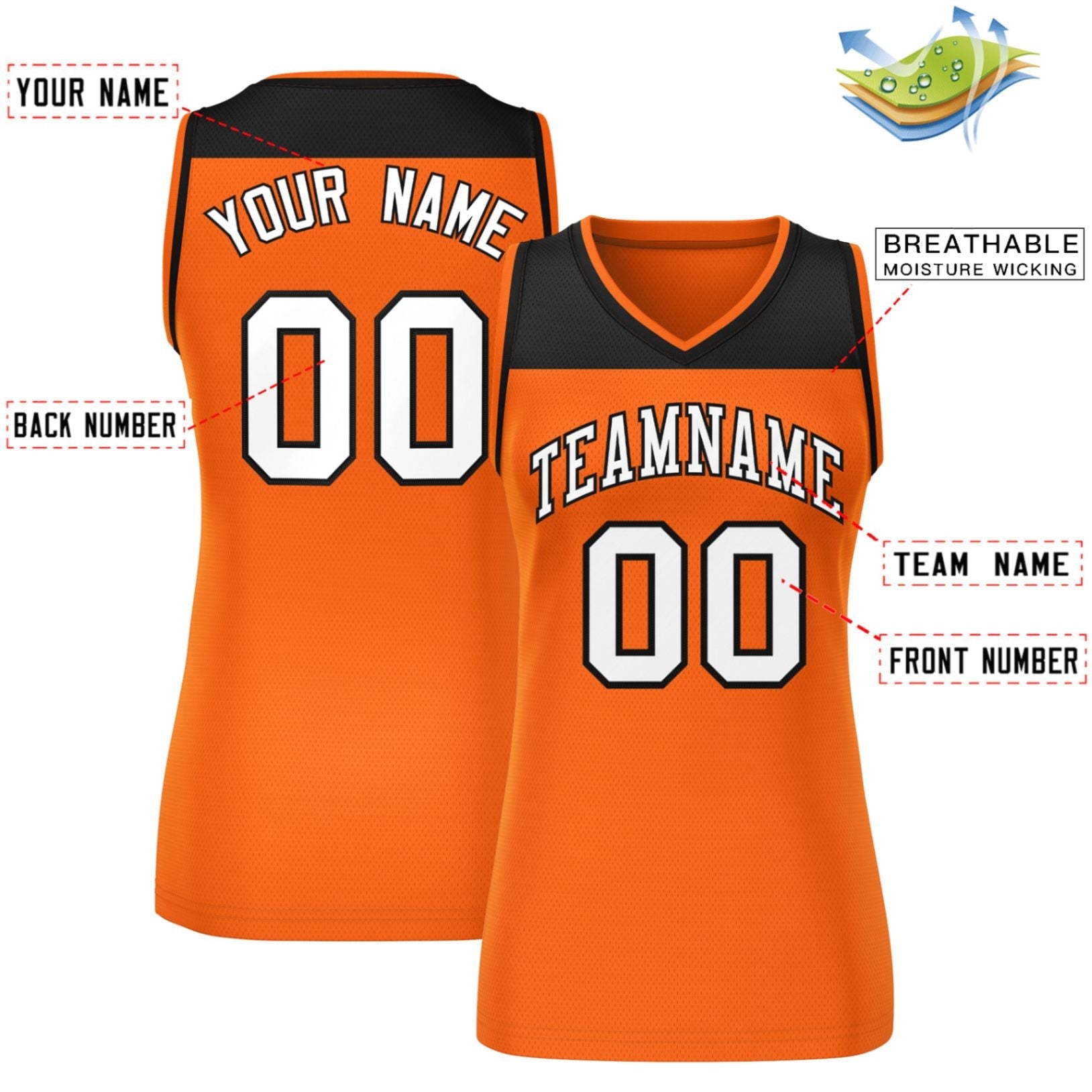 Custom Black Orange Color Block Fashion Tops Mesh Basketball Jersey For Women