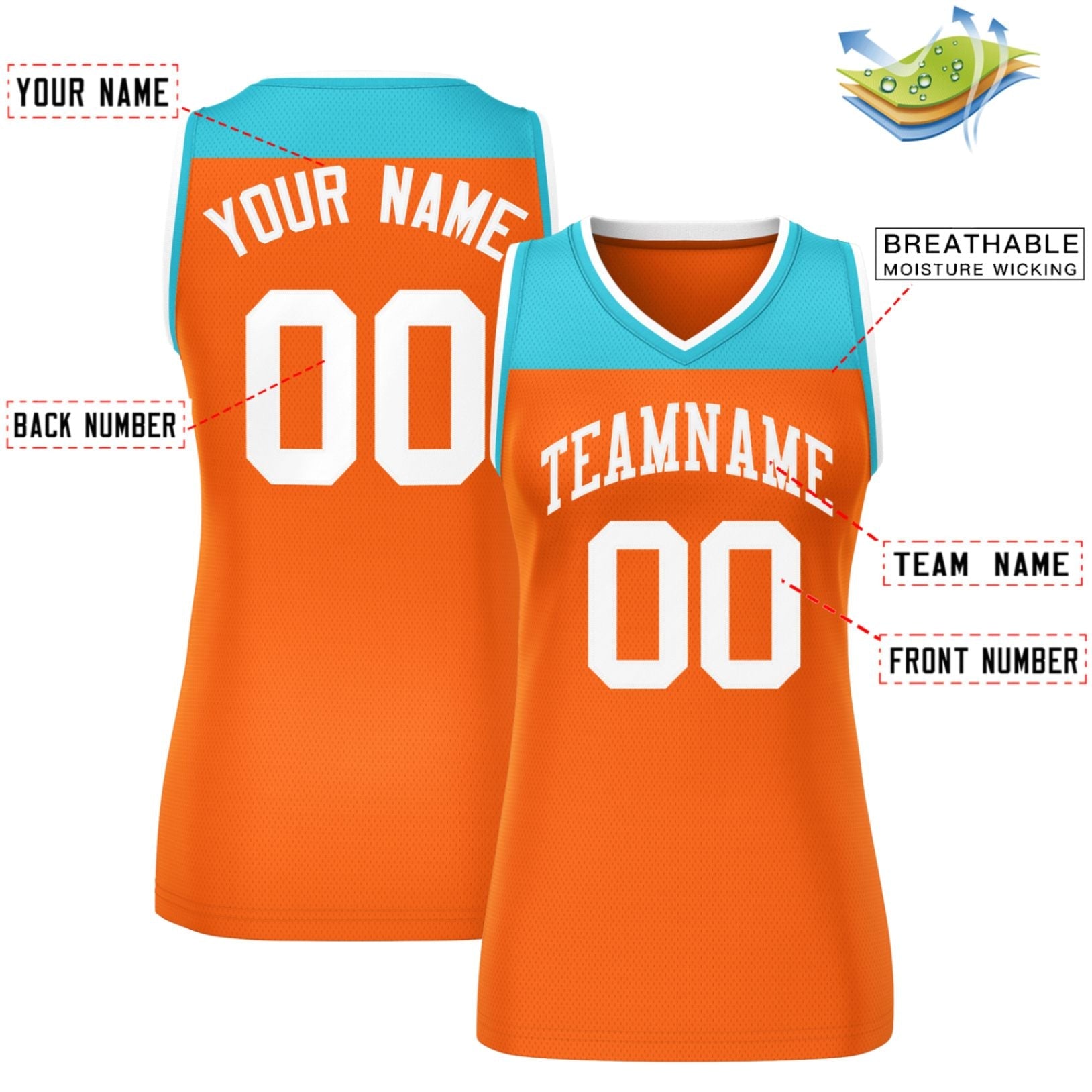 Custom Aqua Orange Color Block Fashion Tops Mesh Basketball Jersey For Women