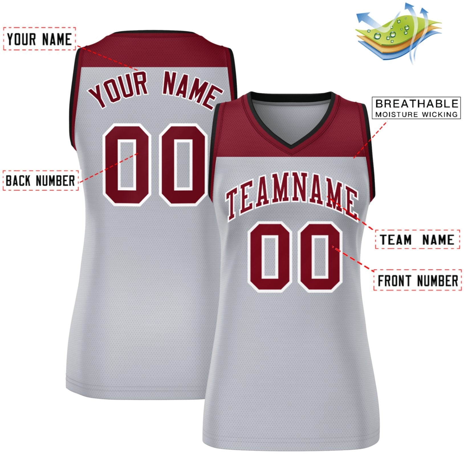 Custom Crimson Gray Color Block Fashion Tops Mesh Basketball Jersey For Women