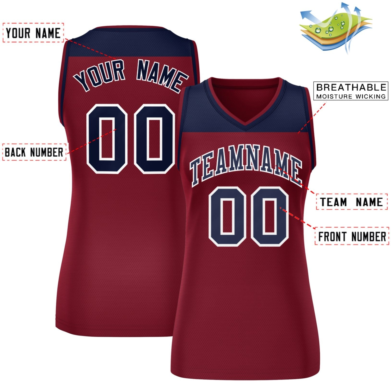 Custom Navy Crimson Color Block Fashion Tops Mesh Basketball Jersey For Women