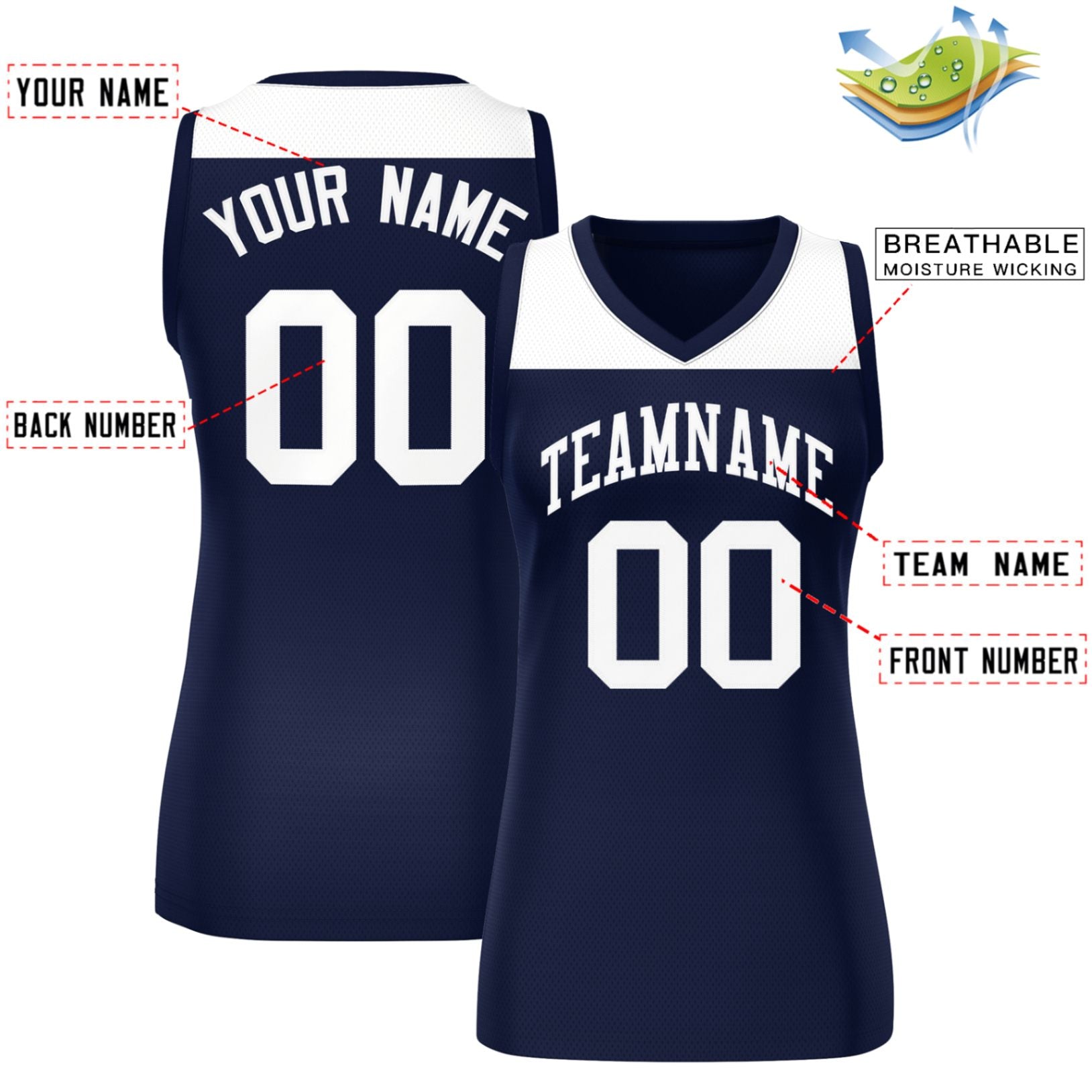 Custom White Navy Color Block Fashion Tops Mesh Basketball Jersey For Women