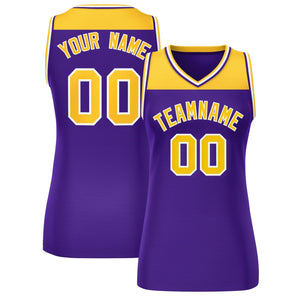 Custom Gold Purple Color Block Fashion Tops Mesh Basketball Jersey For Women