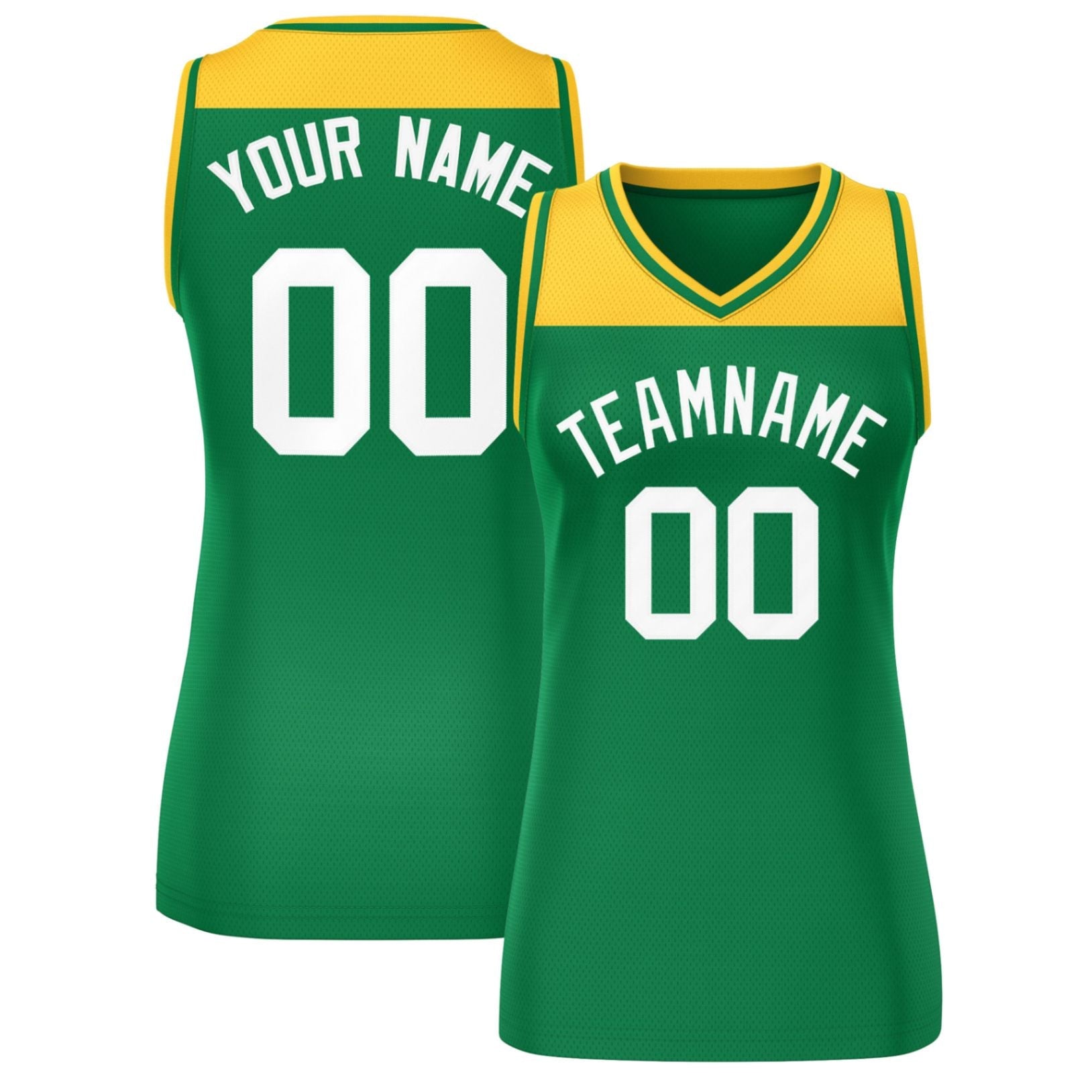 Custom Gold Kelly Green Color Block Fashion Tops Mesh Basketball Jersey For Women