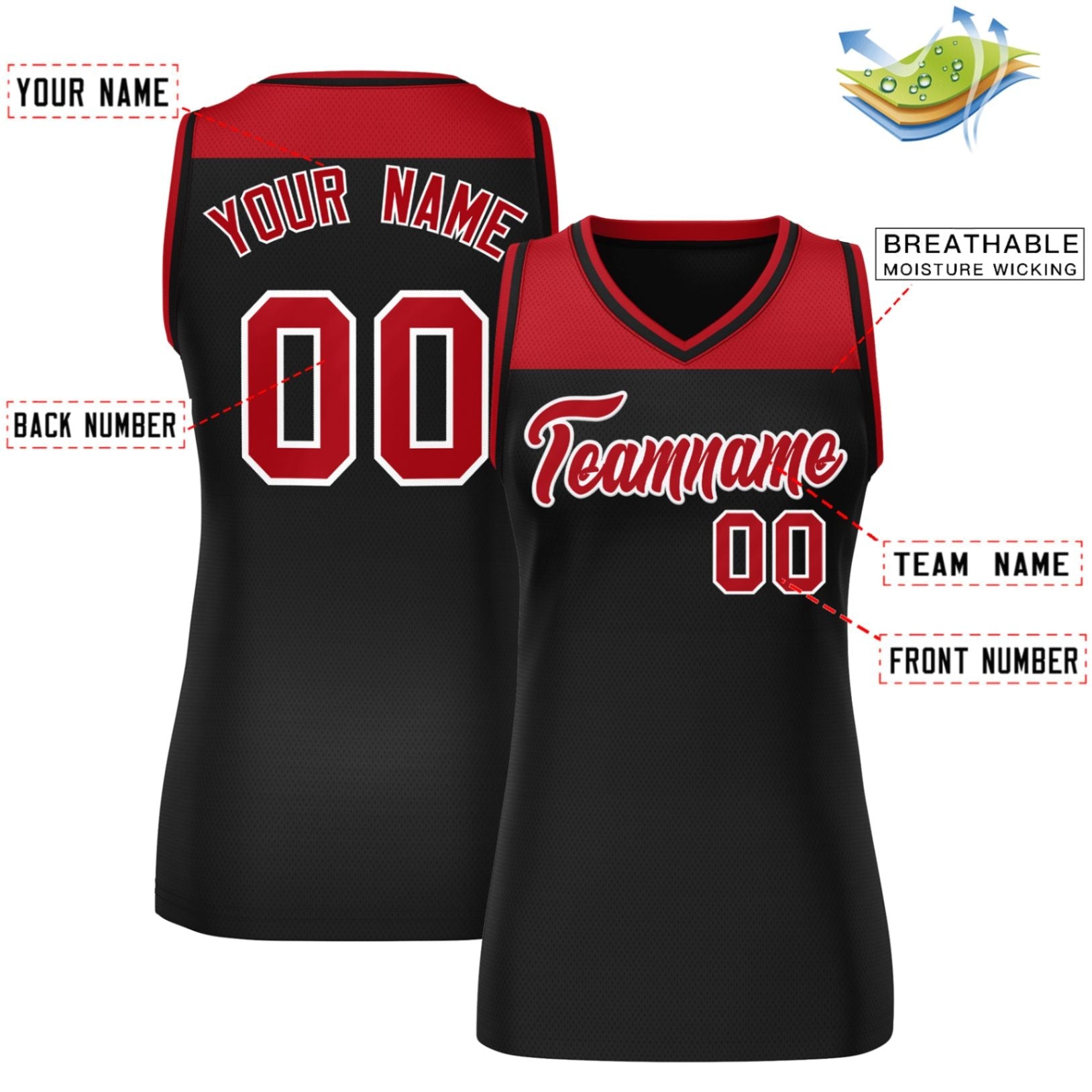 Custom Red Black Color Block Fashion Tops Mesh Basketball Jersey For Women