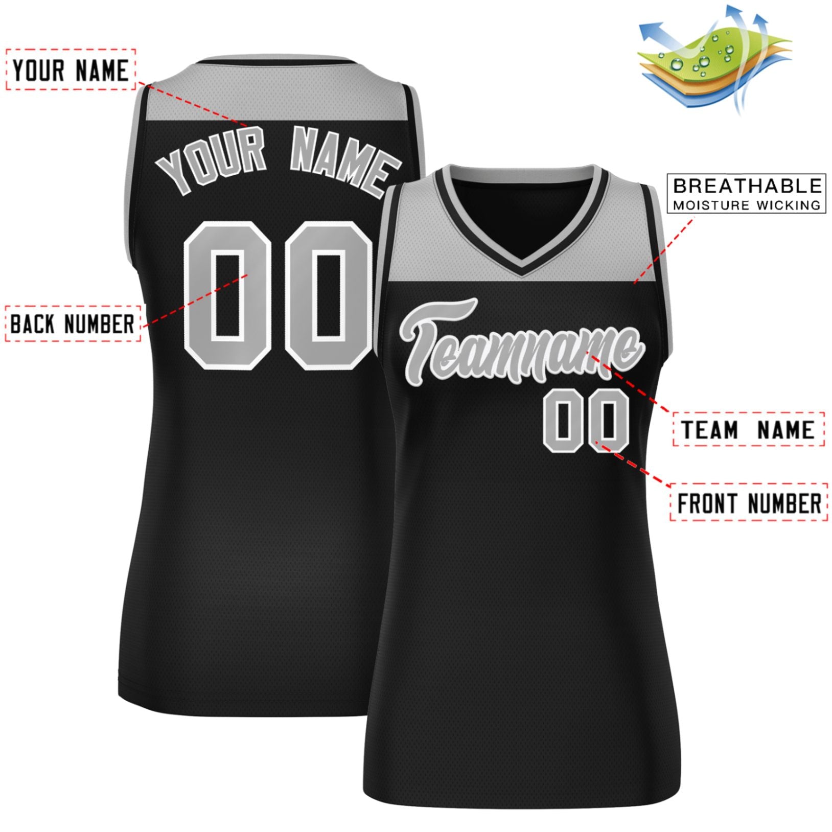 Custom Gray Black Color Block Fashion Tops Mesh Basketball Jersey For Women