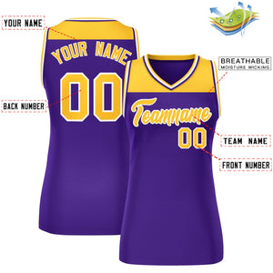 Custom Gold Purple Color Block Fashion Tops Mesh Basketball Jersey For Women