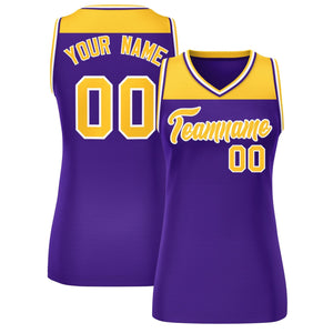 Custom Gold Purple Color Block Fashion Tops Mesh Basketball Jersey For Women