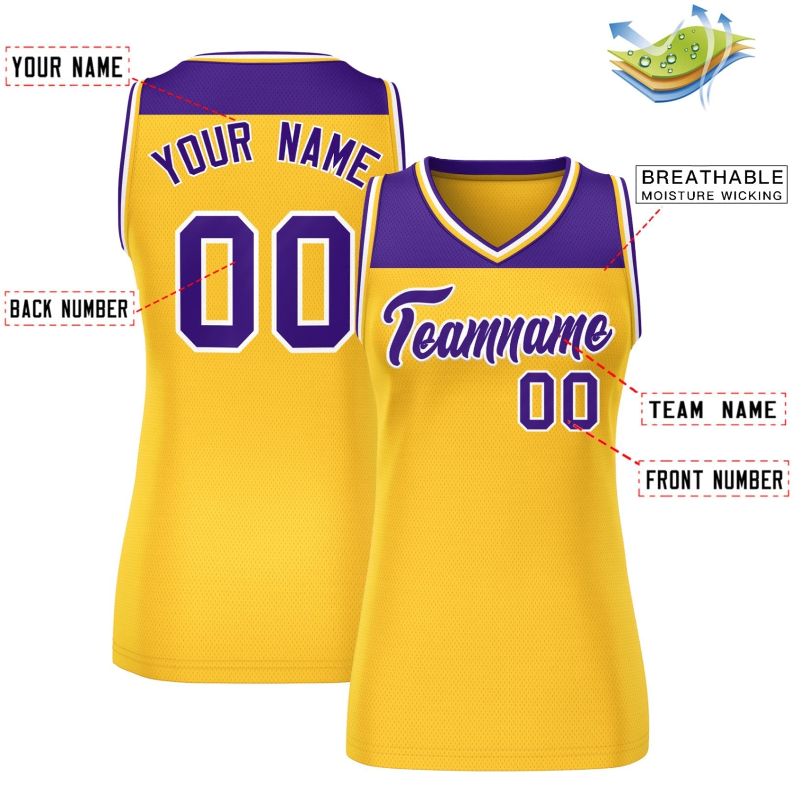 Custom Purple Gold Color Block Fashion Tops Mesh Basketball Jersey For Women