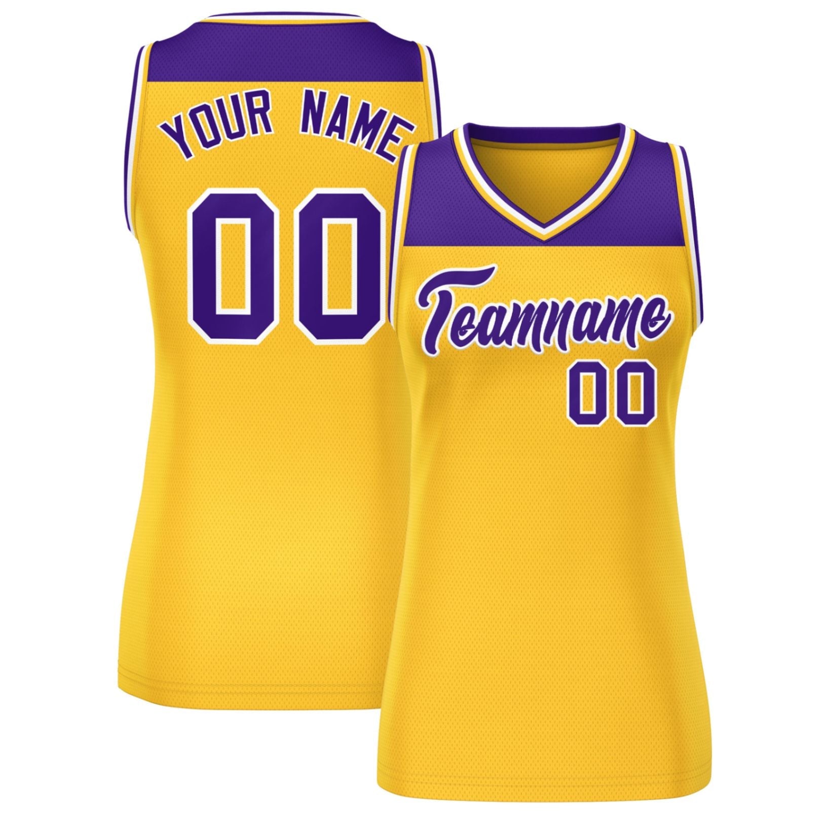 Custom Purple Gold Color Block Fashion Tops Mesh Basketball Jersey For Women