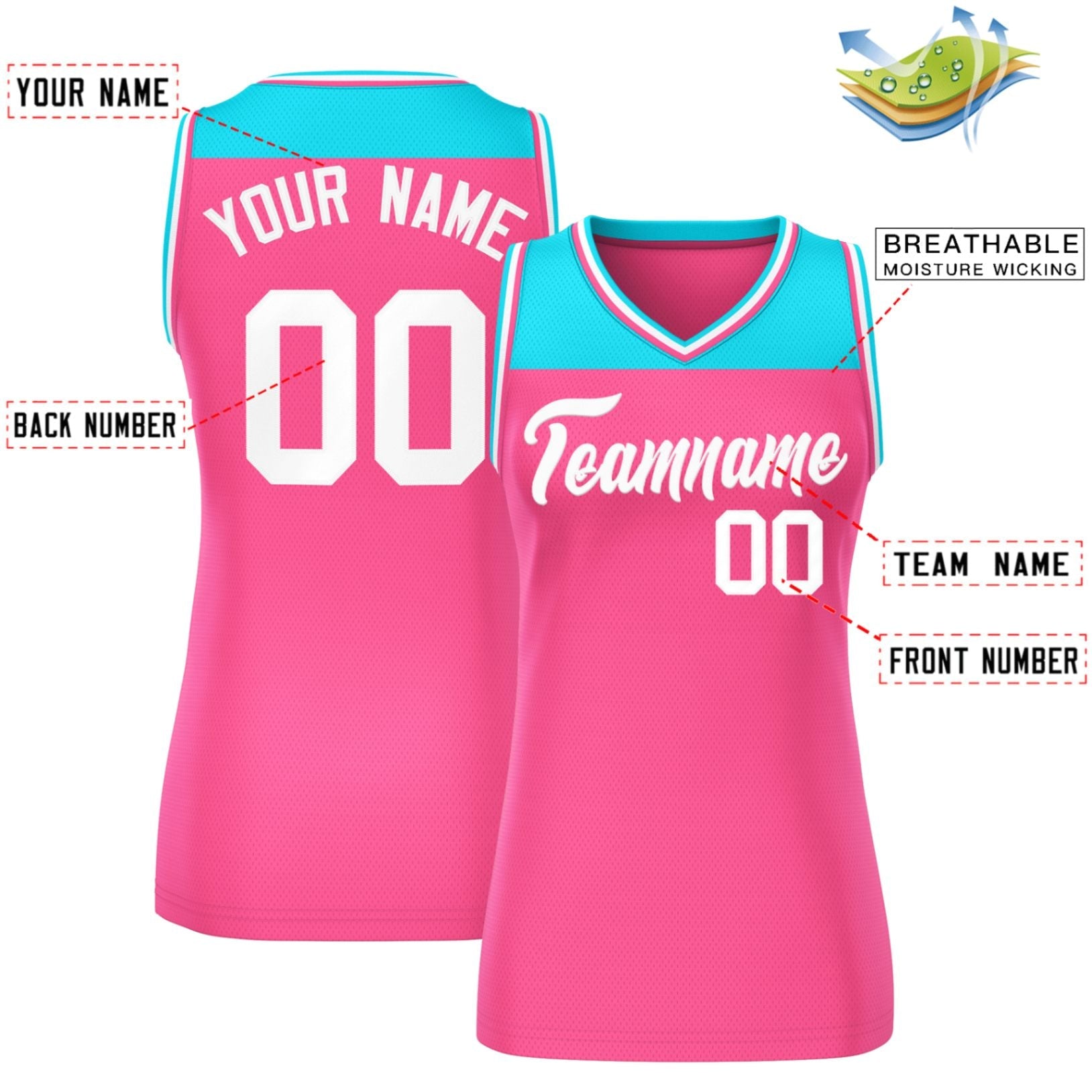 Custom Powder Blue Pink Color Block Fashion Tops Mesh Basketball Jersey For Women