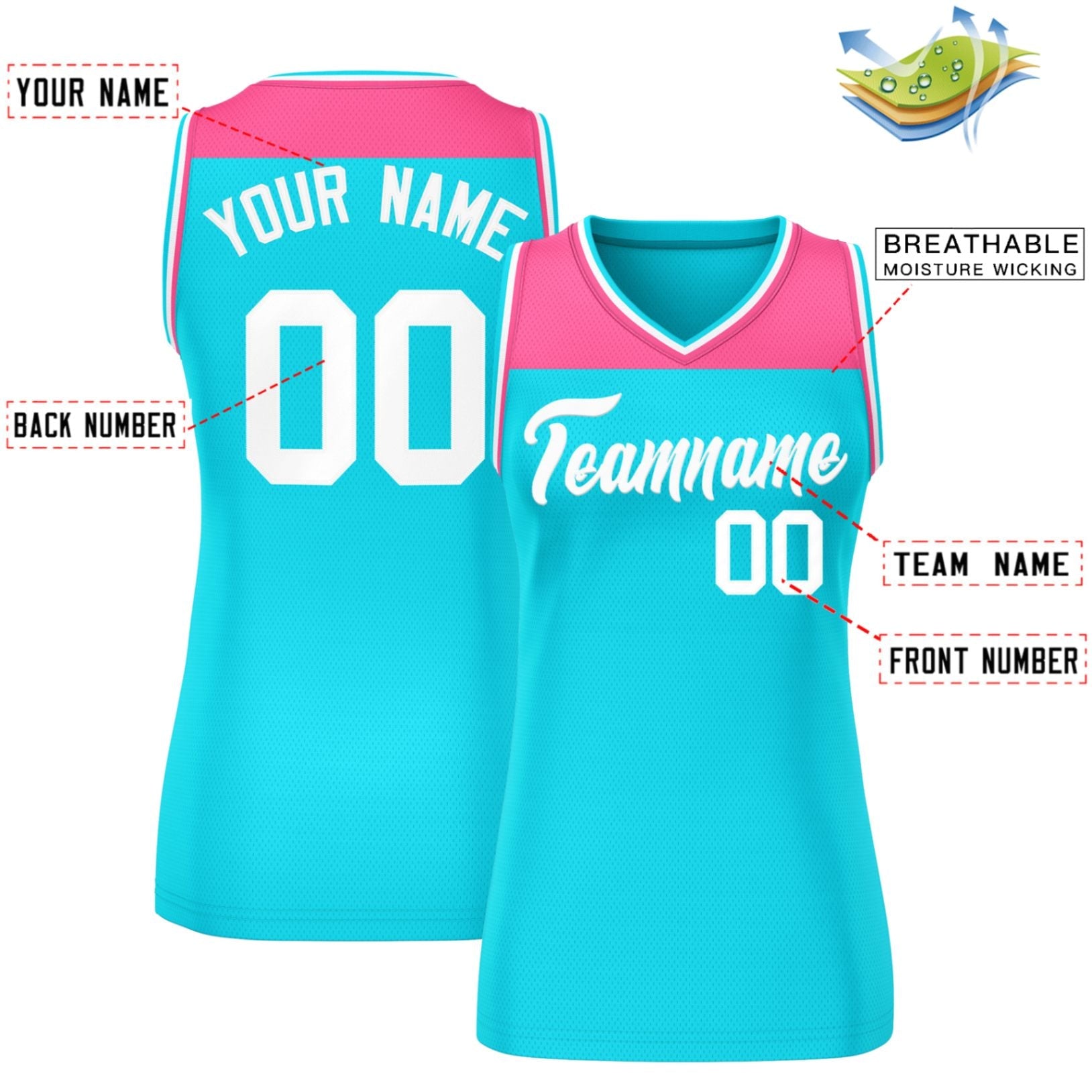 Custom Pink Powder Blue Color Block Fashion Tops Mesh Basketball Jersey For Women