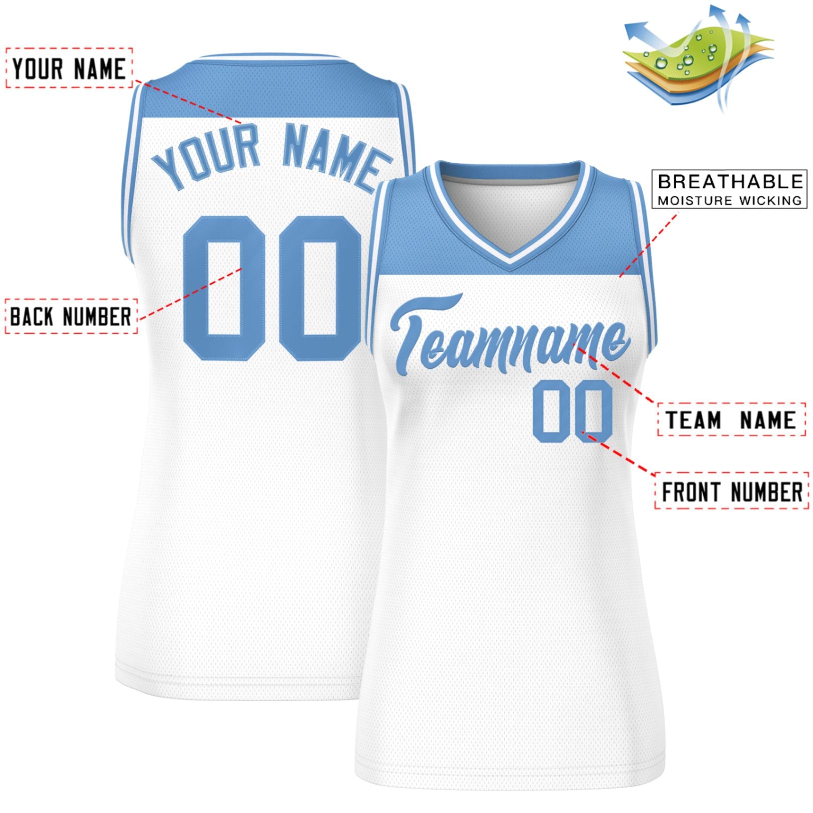 Custom Light Blue White Color Block Fashion Tops Mesh Basketball Jersey For Women