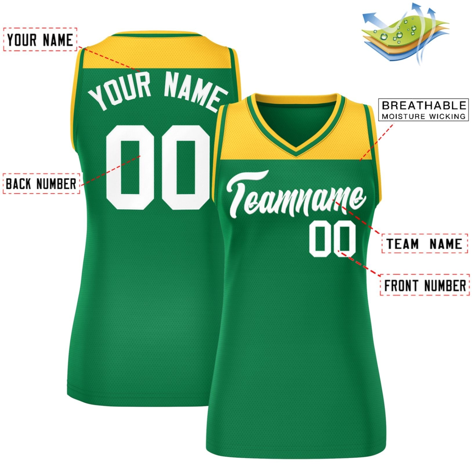 Custom Gold Kelly Green Color Block Fashion Tops Mesh Basketball Jersey For Women