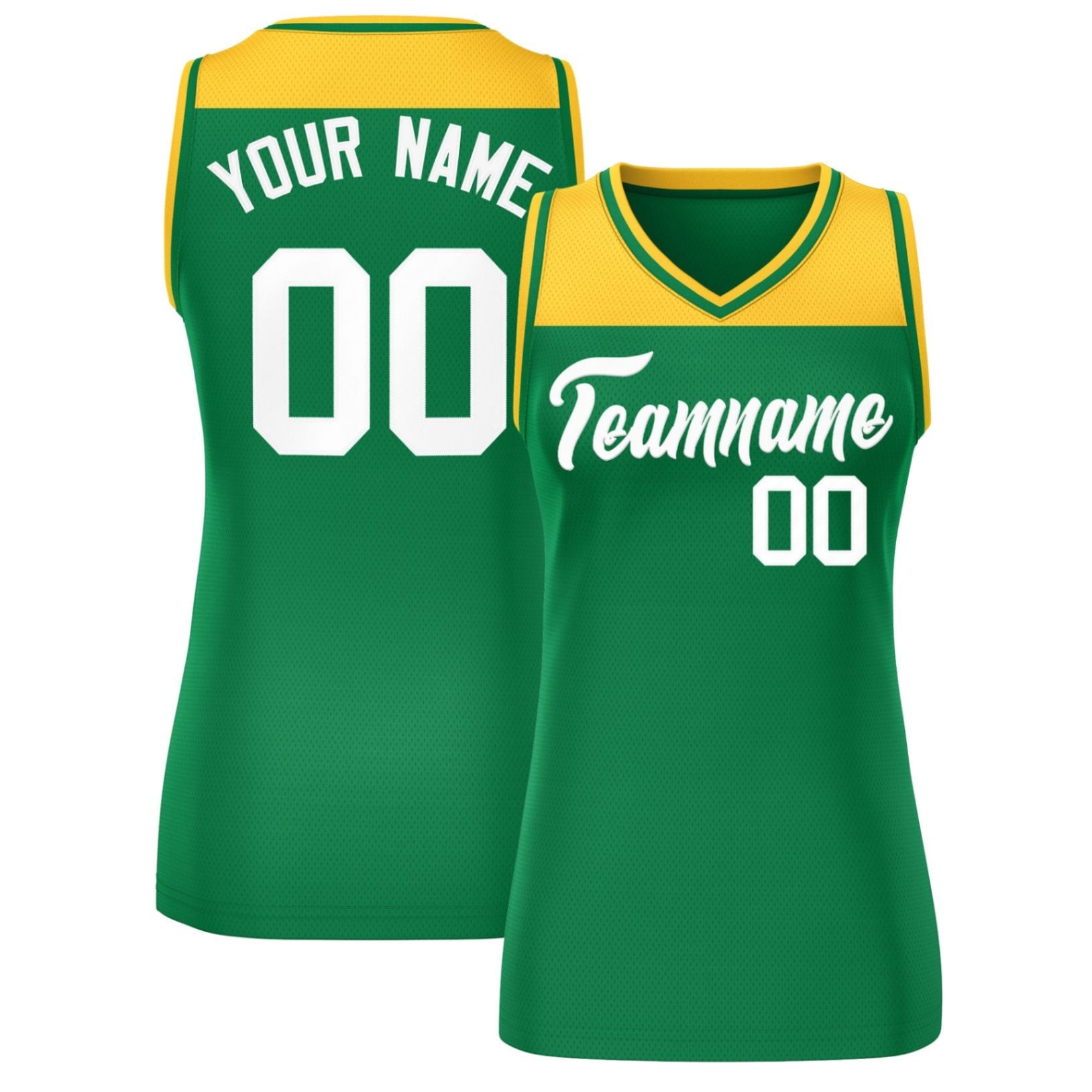 Custom Gold Kelly Green Color Block Fashion Tops Mesh Basketball Jersey For Women