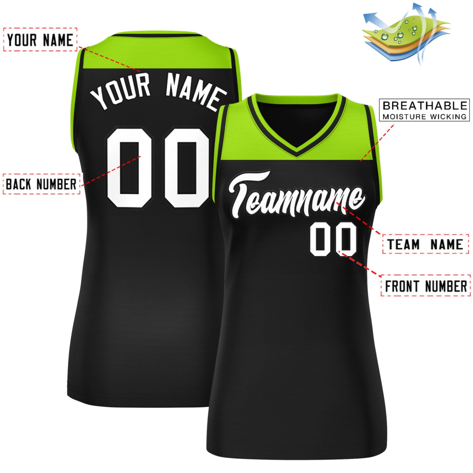 Custom Neon Green Black Color Block Fashion Tops Mesh Basketball Jersey For Women