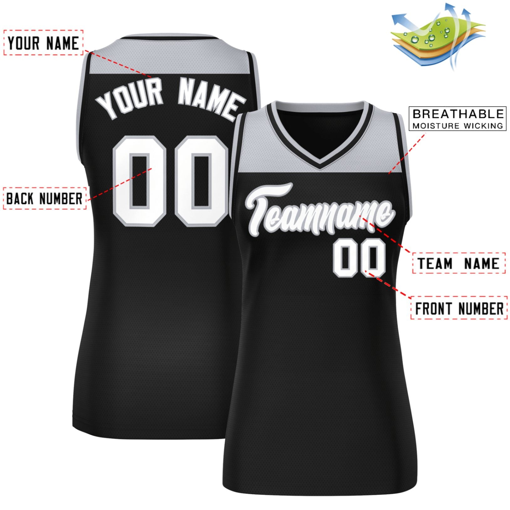 Custom Gray Black Color Block Fashion Tops Mesh Basketball Jersey For Women