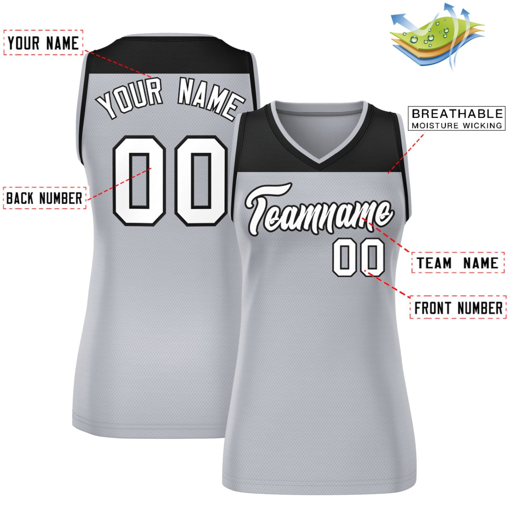 Custom Black Gray Color Block Fashion Tops Mesh Basketball Jersey For Women