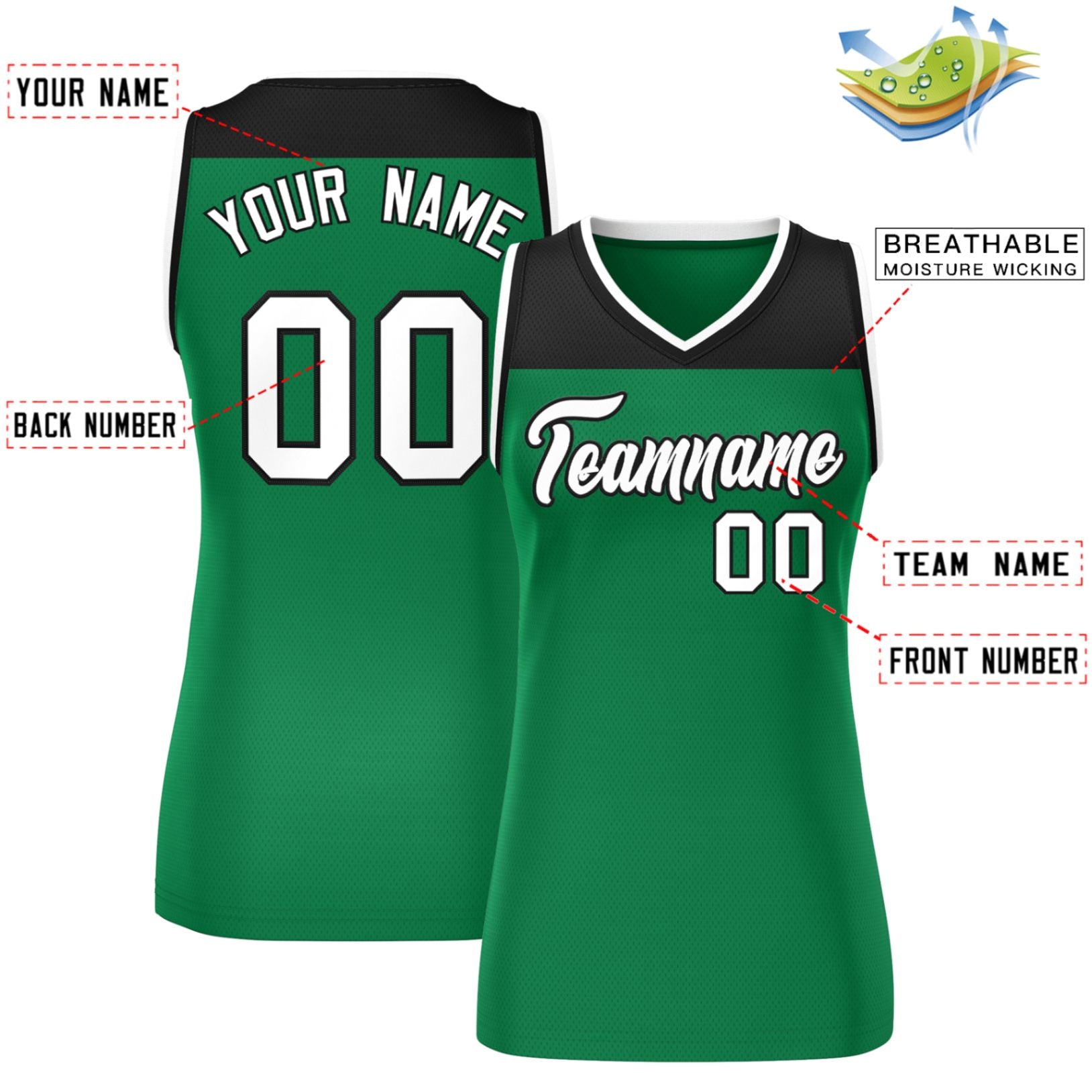 Custom Black Kelly Green Color Block Fashion Tops Mesh Basketball Jersey For Women