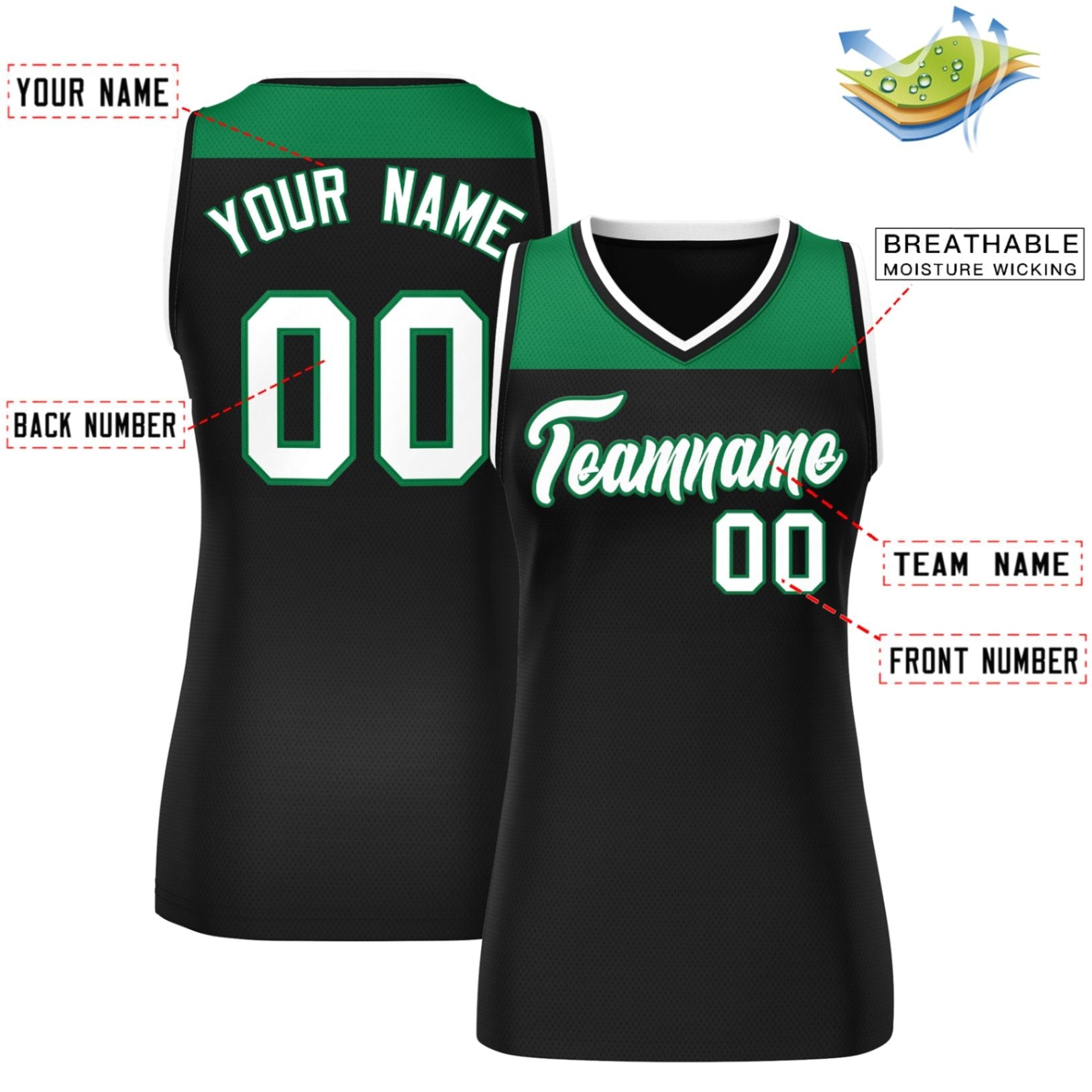 Custom Kelly Green Black Color Block Fashion Tops Mesh Basketball Jersey For Women