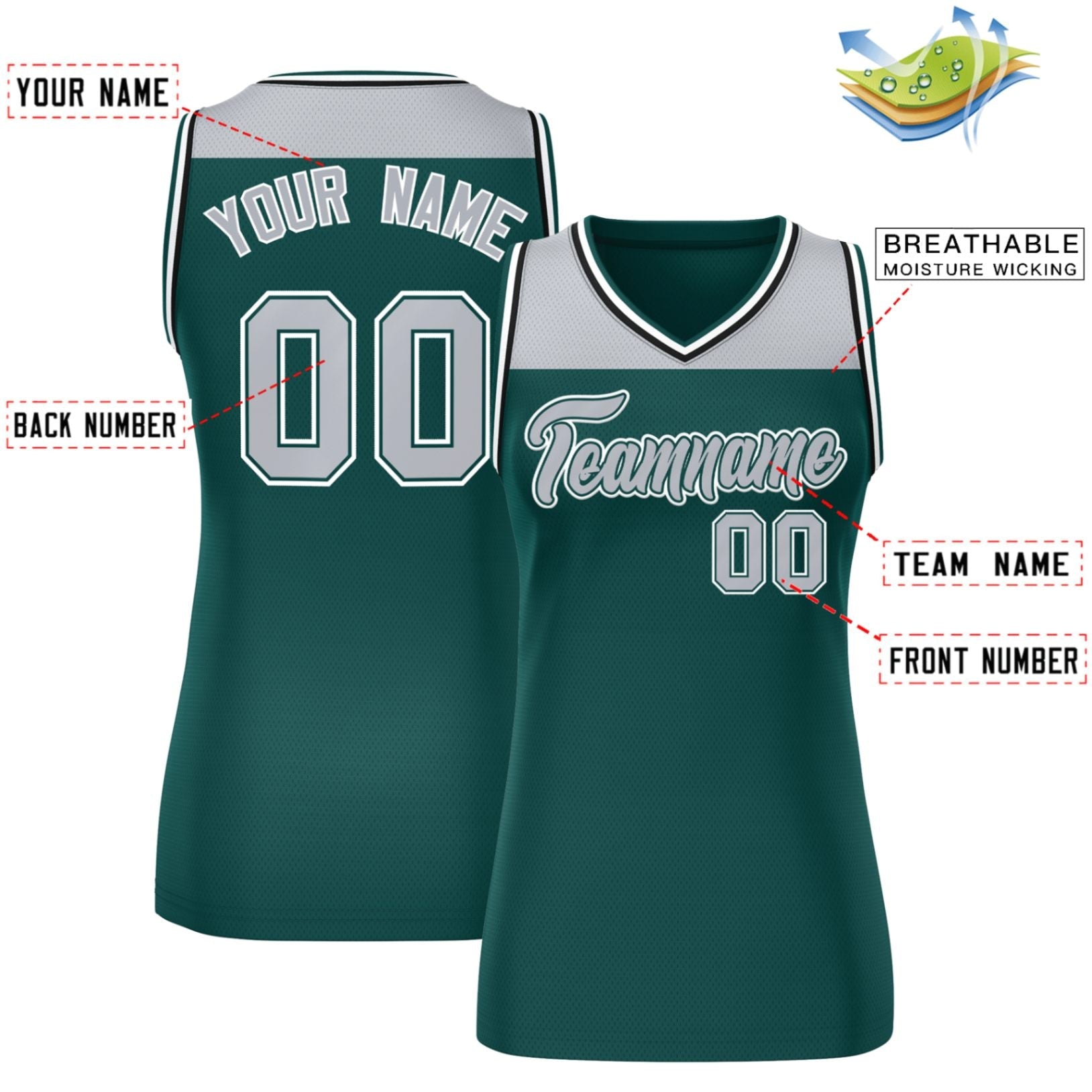 Custom Gray Midnight Green Color Block Fashion Tops Mesh Basketball Jersey For Women