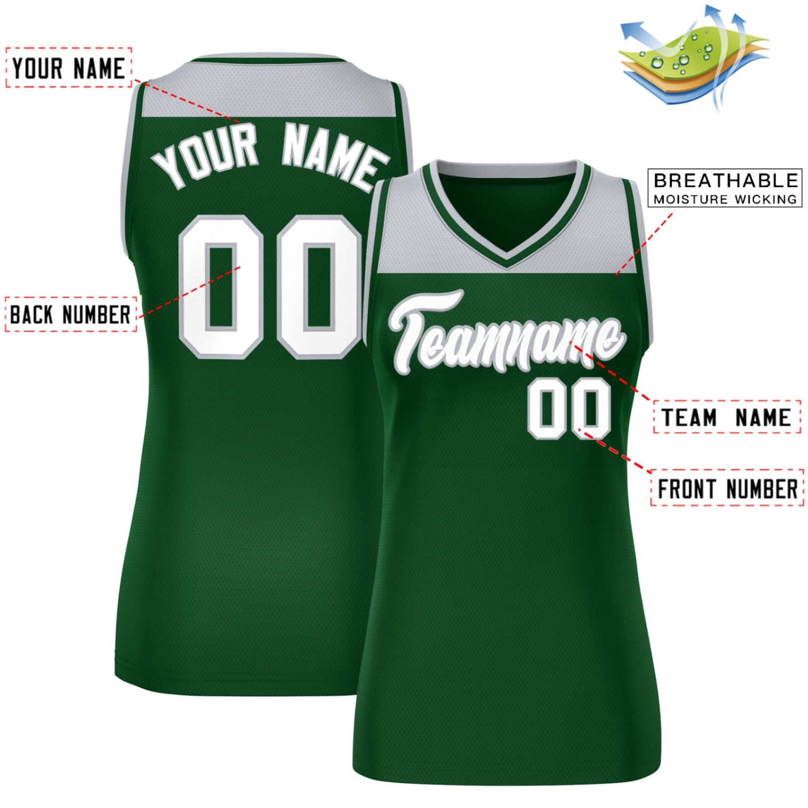 Custom Gray Green Color Block Fashion Tops Mesh Basketball Jersey For Women