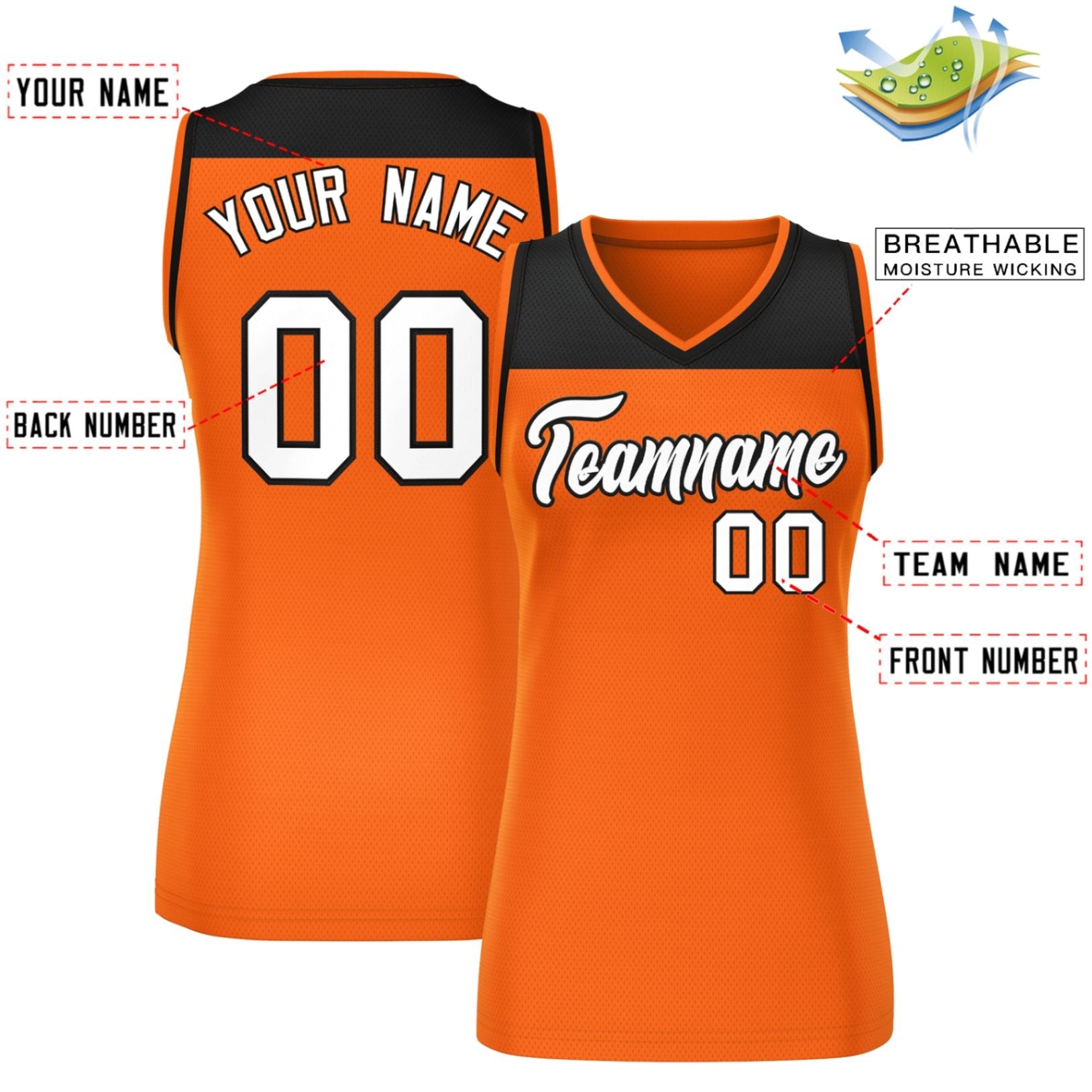 Custom Black Orange Color Block Fashion Tops Mesh Basketball Jersey For Women