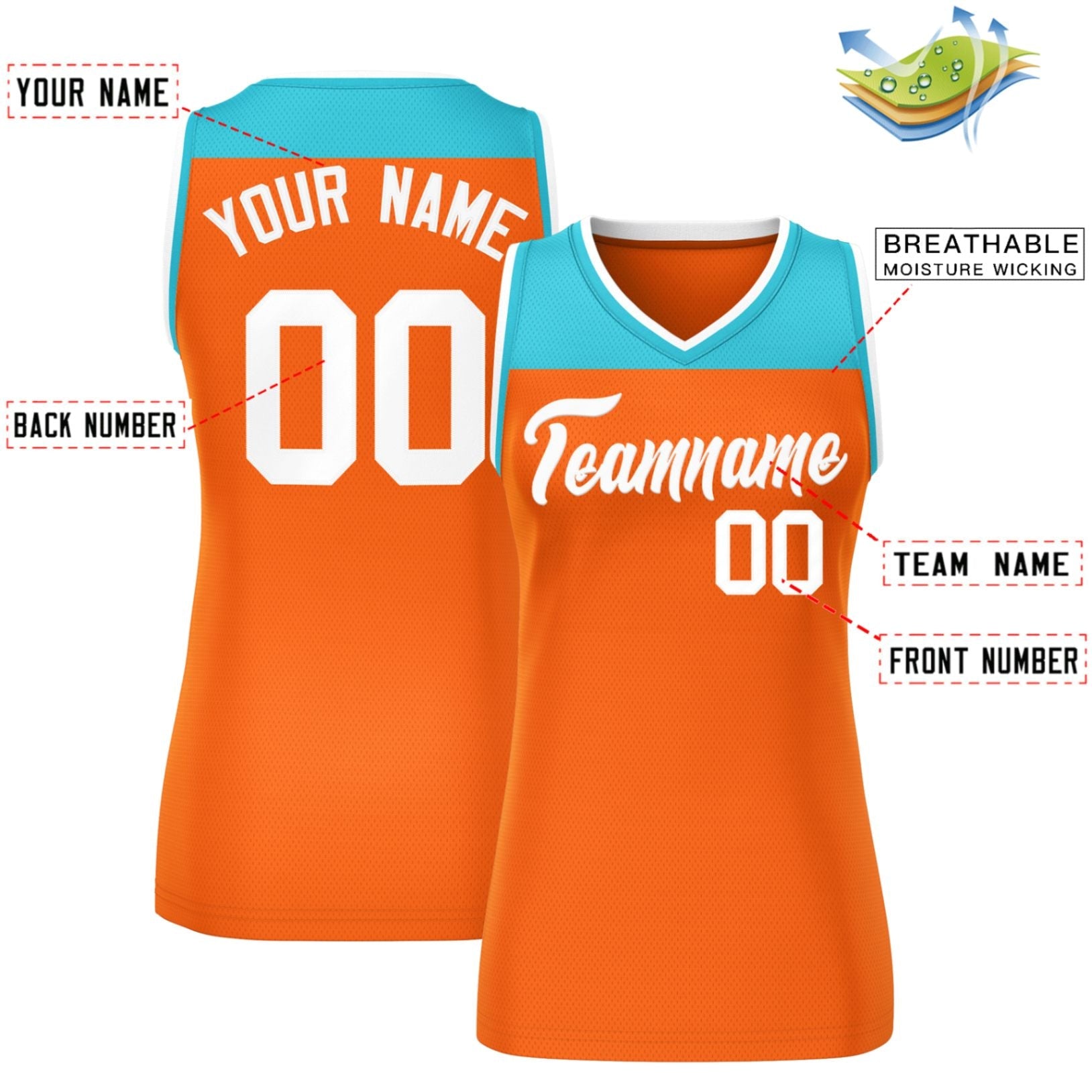 Custom Aqua Orange Color Block Fashion Tops Mesh Basketball Jersey For Women