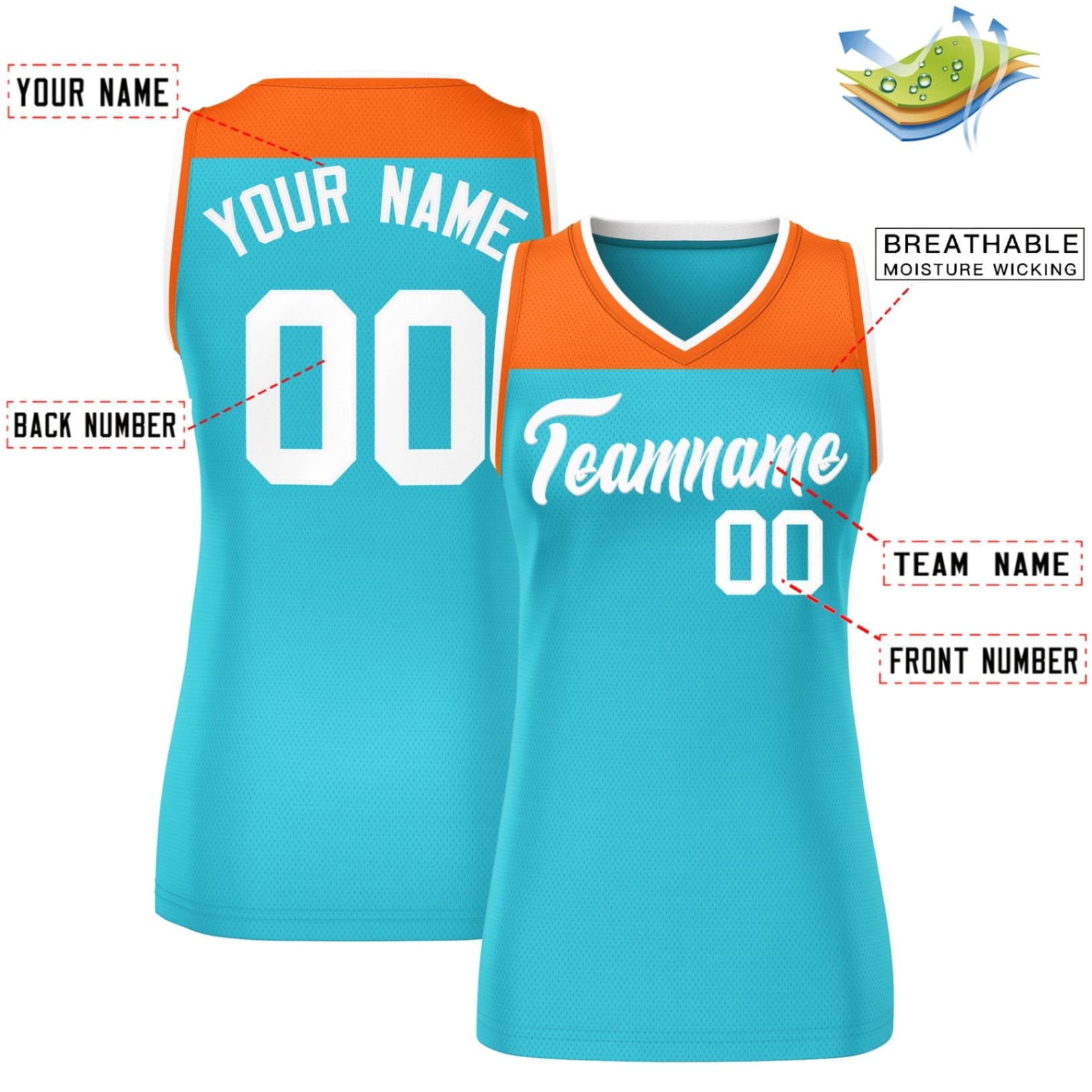 Custom Orange Aqua Color Block Fashion Tops Mesh Basketball Jersey For Women