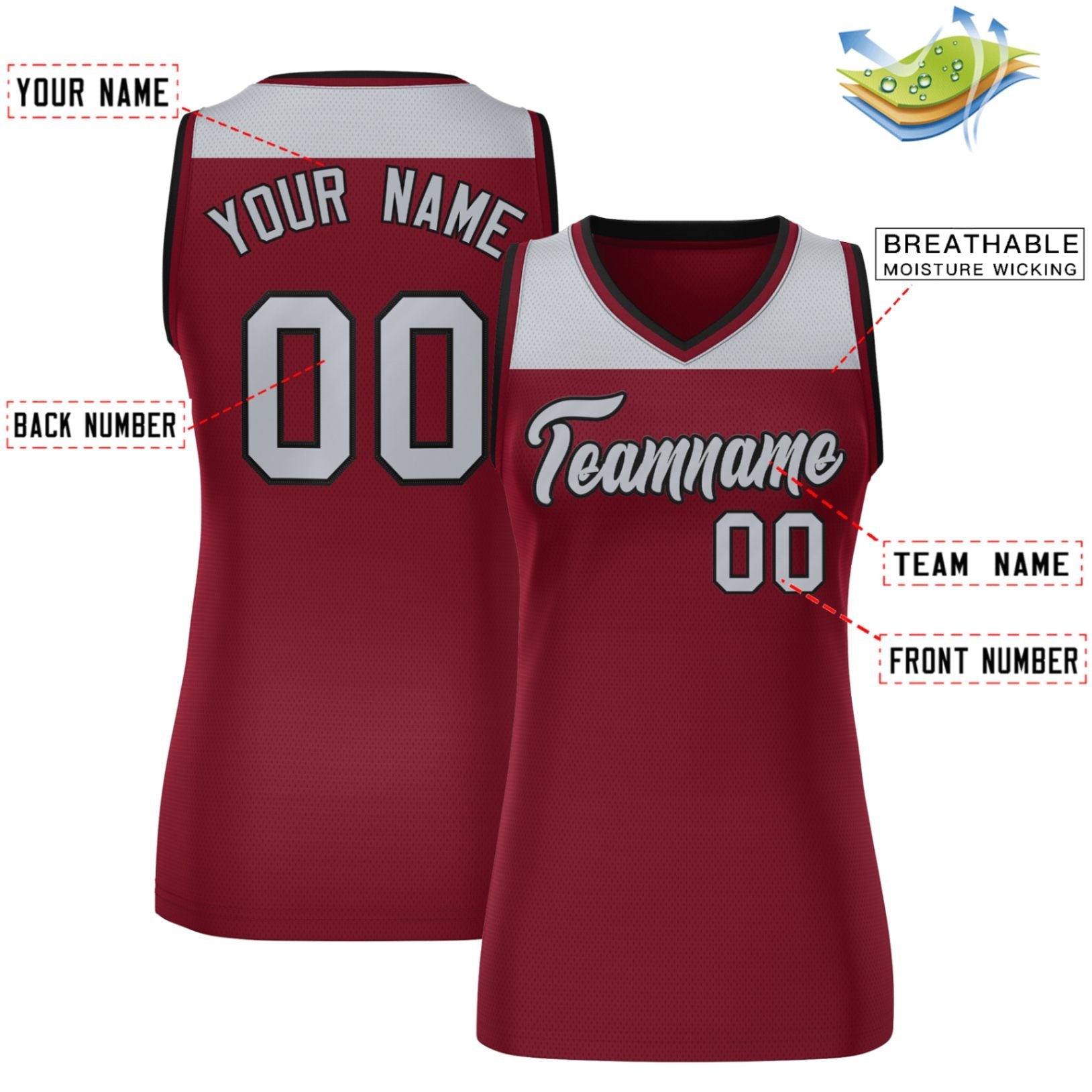 Custom Gray Crimson Color Block Fashion Tops Mesh Basketball Jersey For Women