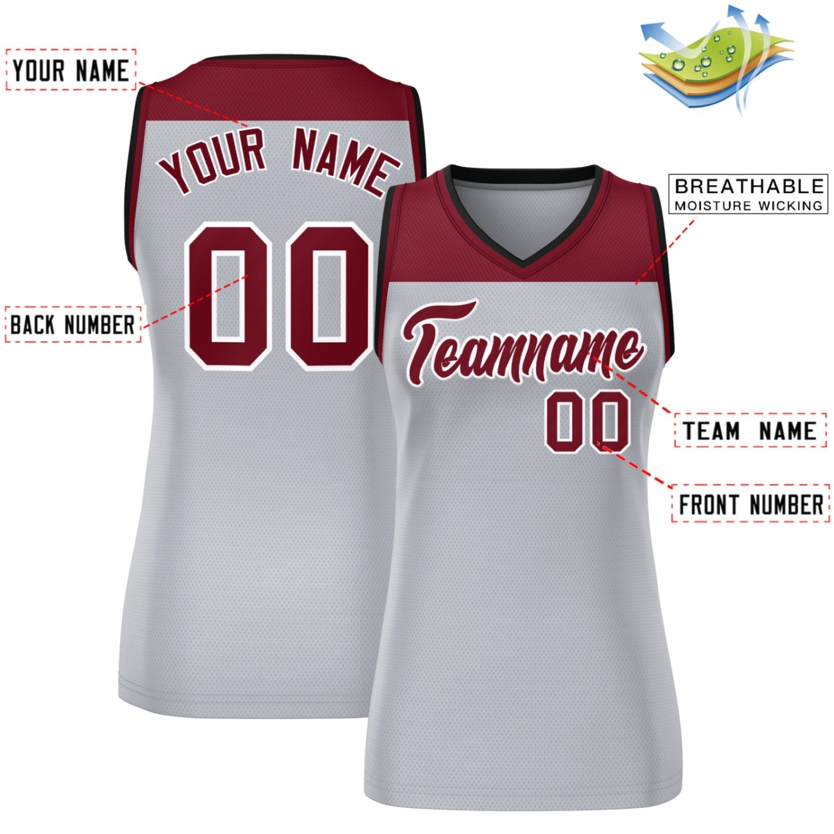 Custom Crimson Gray Color Block Fashion Tops Mesh Basketball Jersey For Women